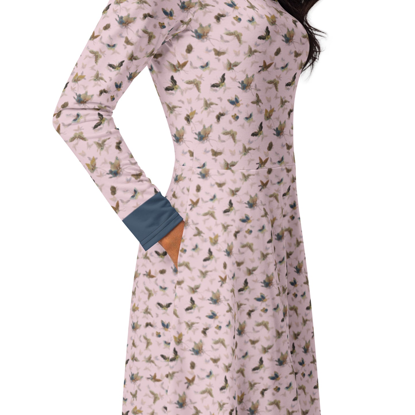 Butterfly dancing｜ long sleeve midi dress｜Pale pinkish gray