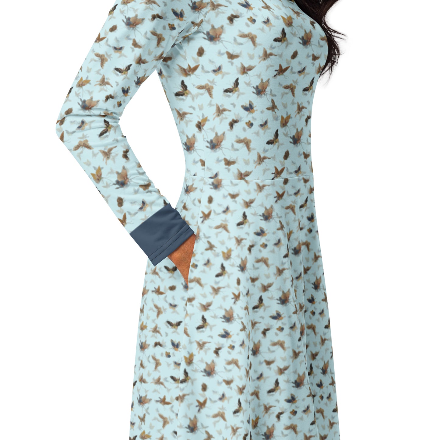 Butterfly dancing｜ long sleeve midi dress｜Aqua blue