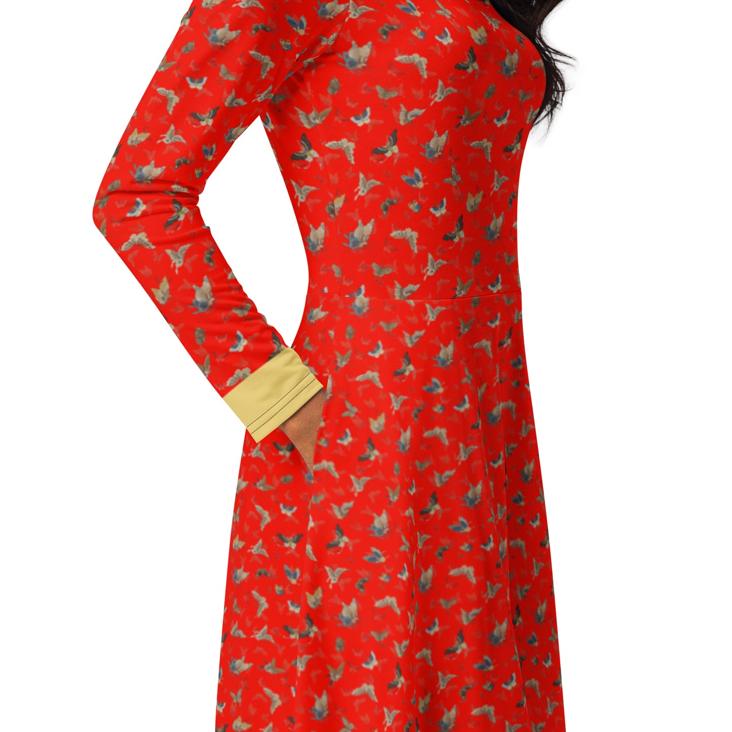 Butterfly dancing｜ long sleeve midi dress｜Garnet red