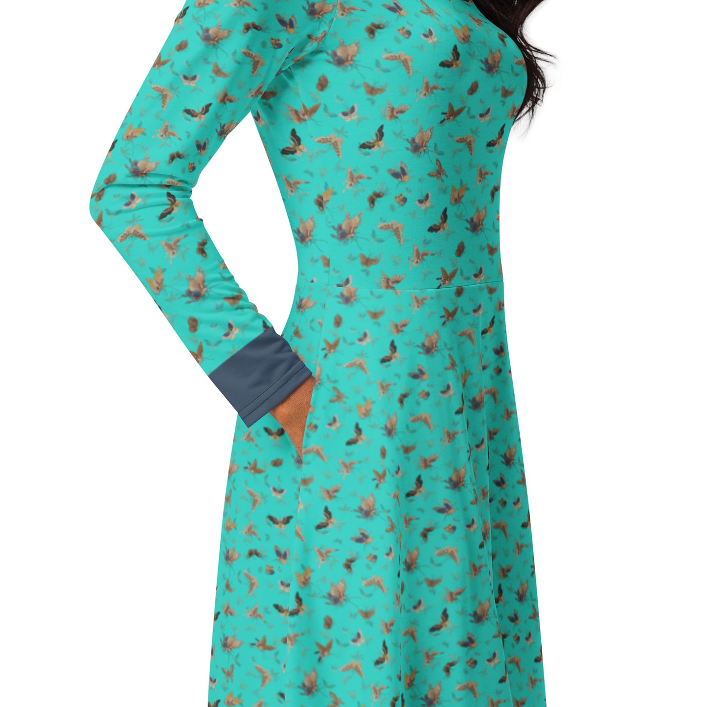 Butterfly dancing｜ long sleeve midi dress｜Turquoise