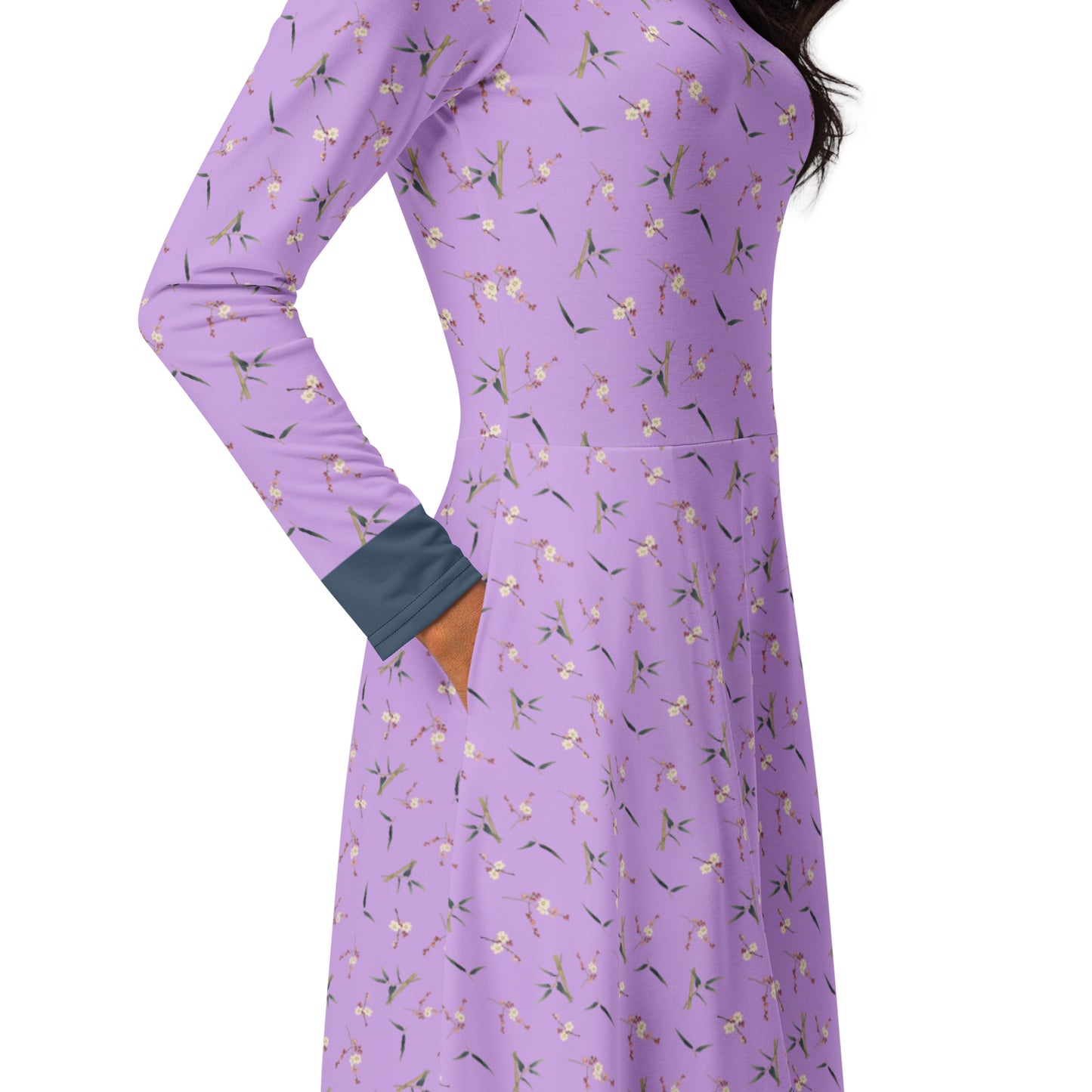 The Spirit of Flowers in Twelve Months｜Crimson Plum Blossom and Lush Green Bamboo｜Long sleeve midi dress｜seamless print｜Lilac