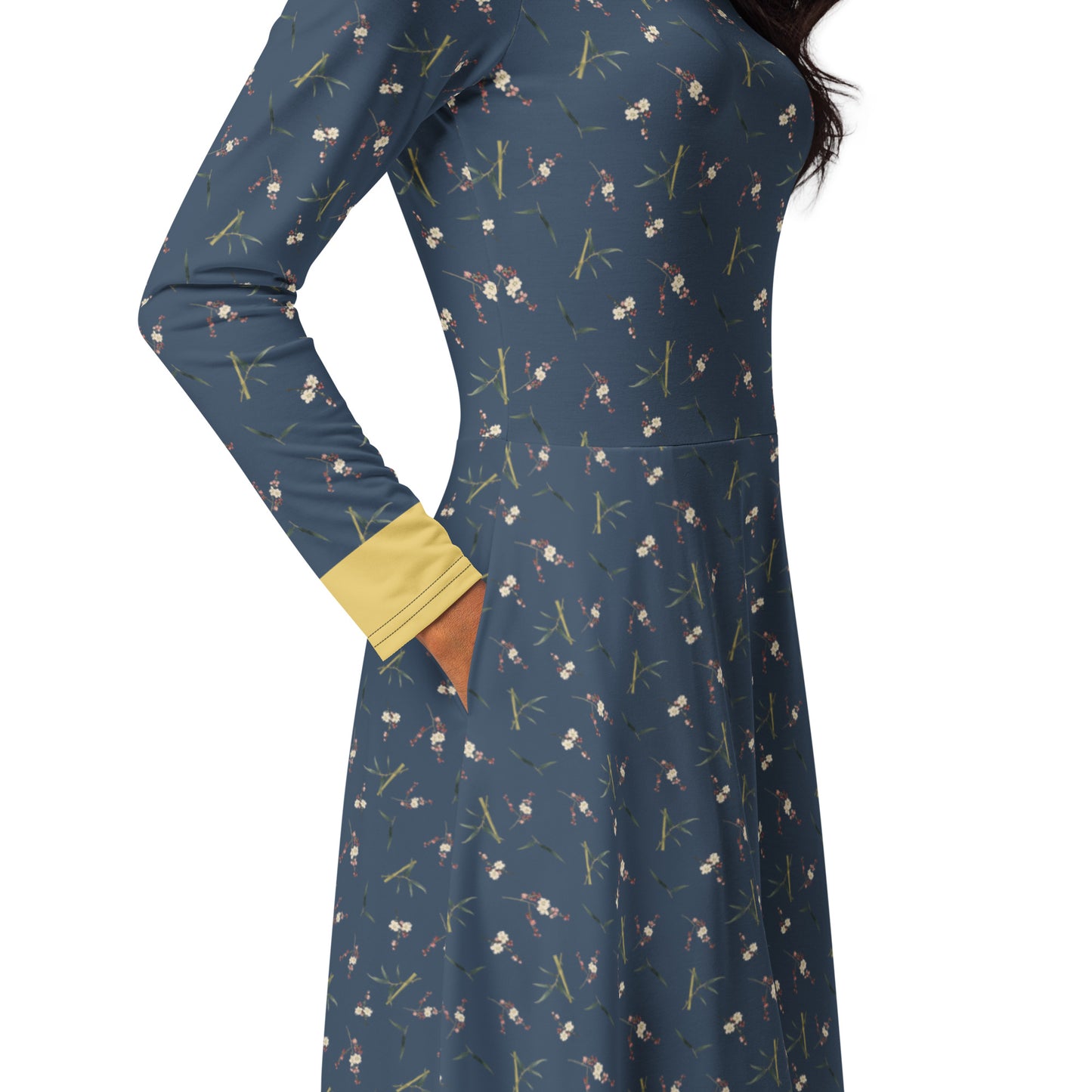 The Spirit of Flowers in Twelve Months｜Crimson Plum Blossom and Lush Green Bamboo｜Long sleeve midi dress｜seamless print｜Dark blue