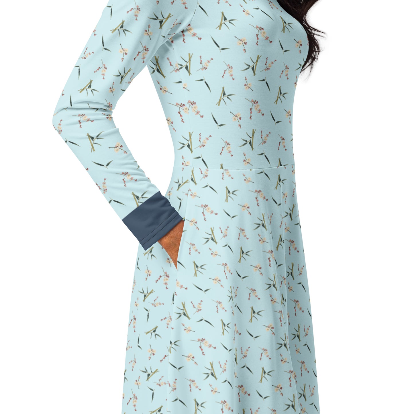 The Spirit of Flowers in Twelve Months｜Crimson Plum Blossom and Lush Green Bamboo｜Long sleeve midi dress｜seamless print｜Aqua blue