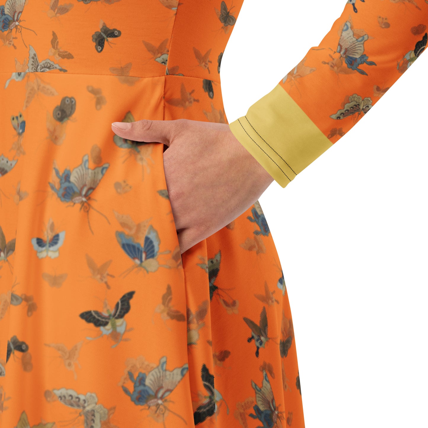 Butterfly dancing｜ long sleeve midi dress｜Orange