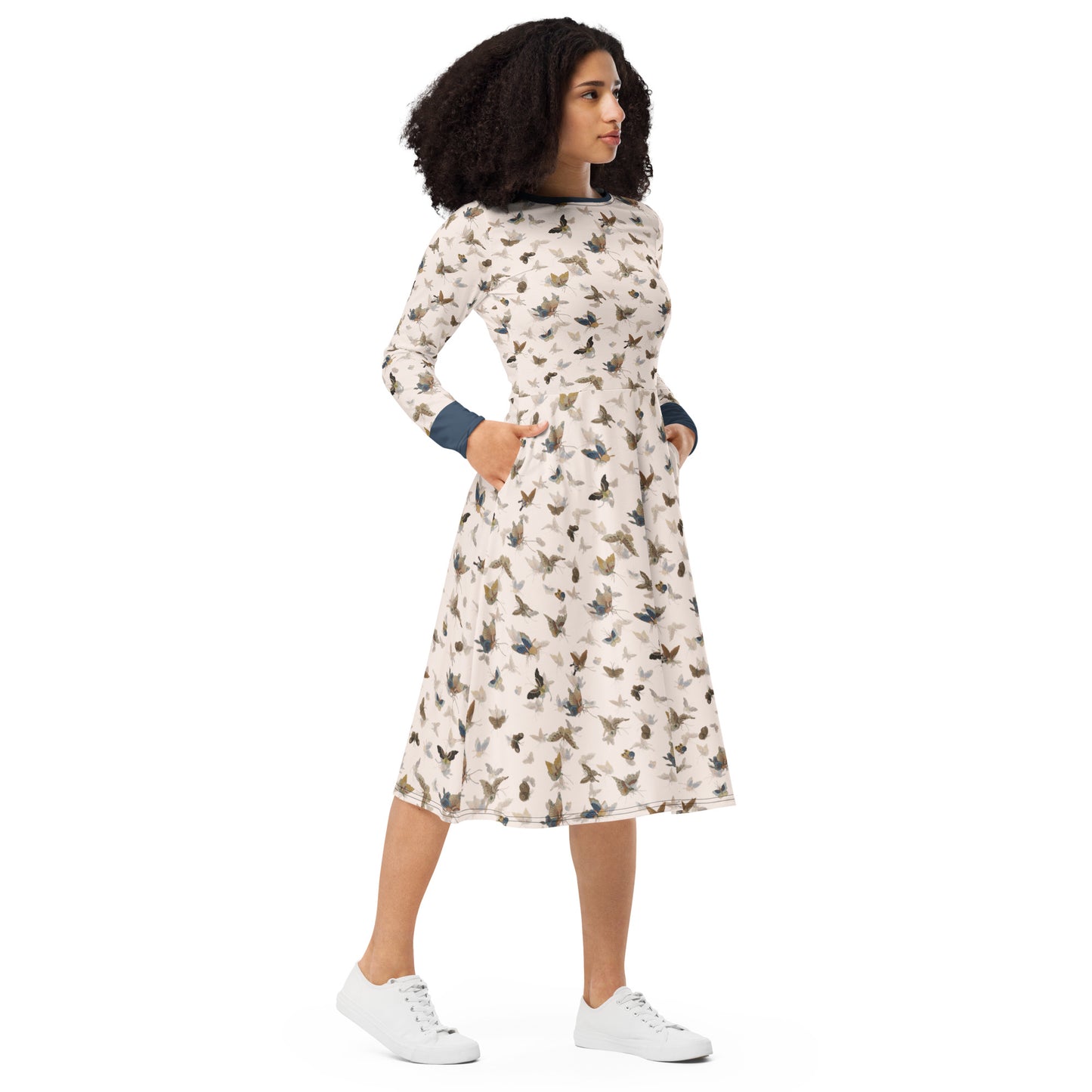 Butterfly dancing｜ long sleeve midi dress｜Fish belly white