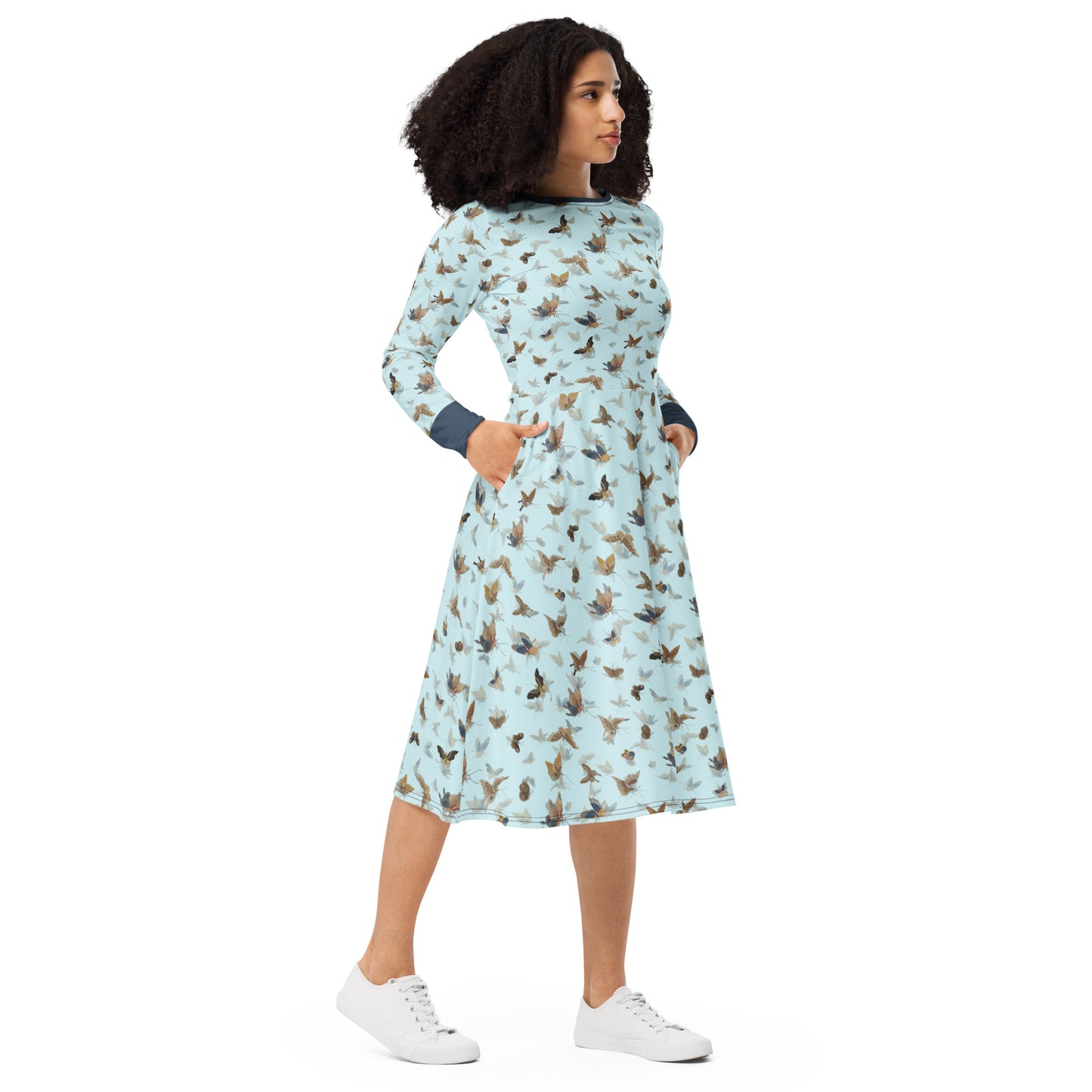 Butterfly dancing｜ long sleeve midi dress｜Aqua blue