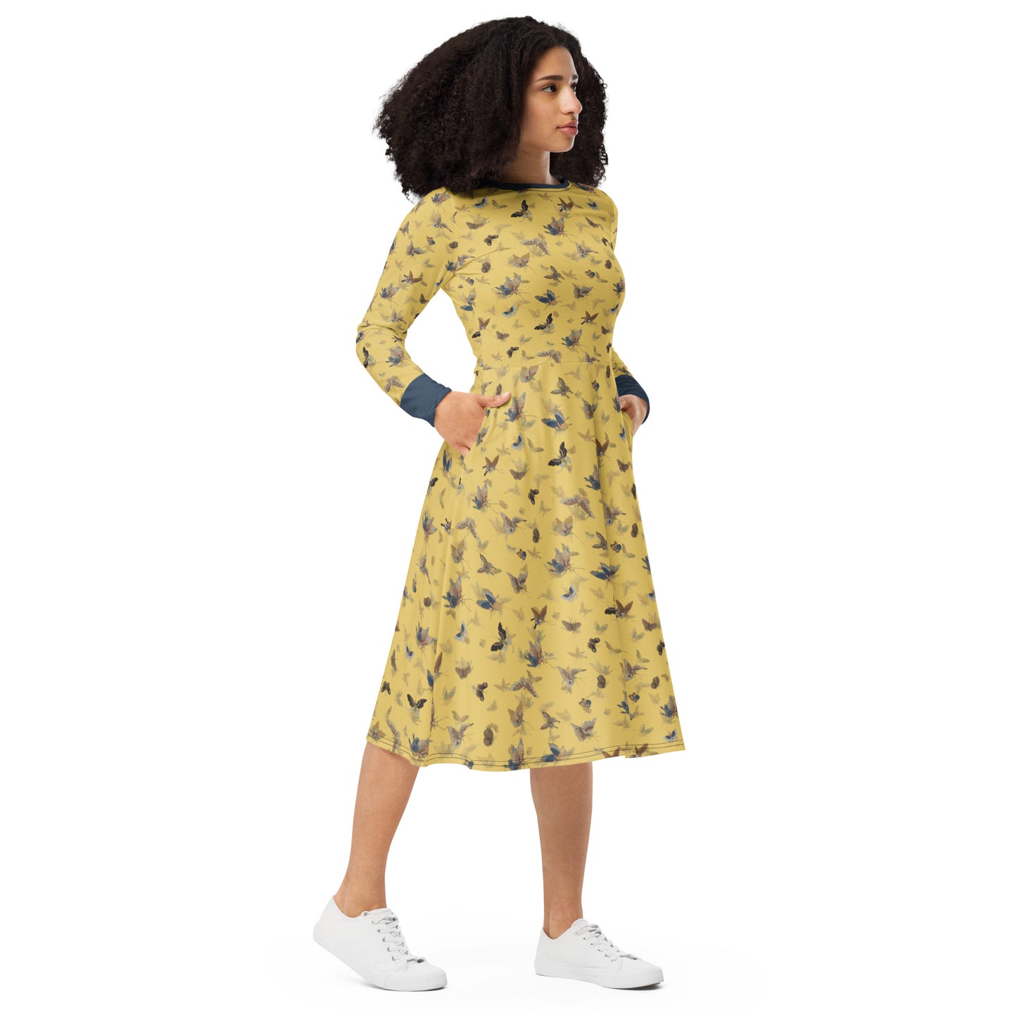 Butterfly dancing｜ long sleeve midi dress｜Gold