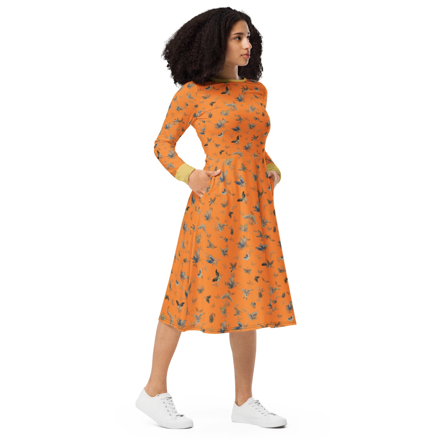 Butterfly dancing｜ long sleeve midi dress｜Orange