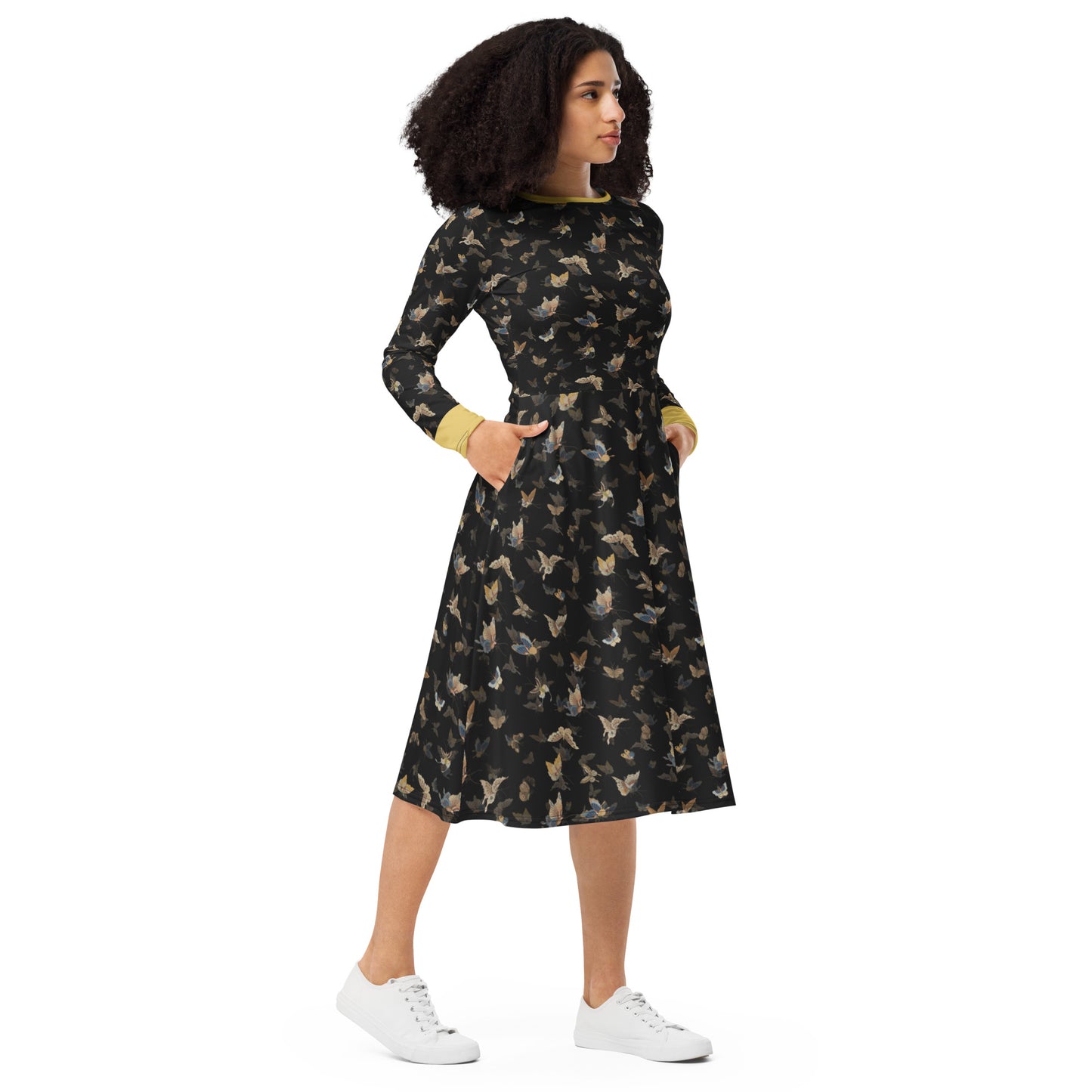 Butterfly dancing｜ long sleeve midi dress｜Black