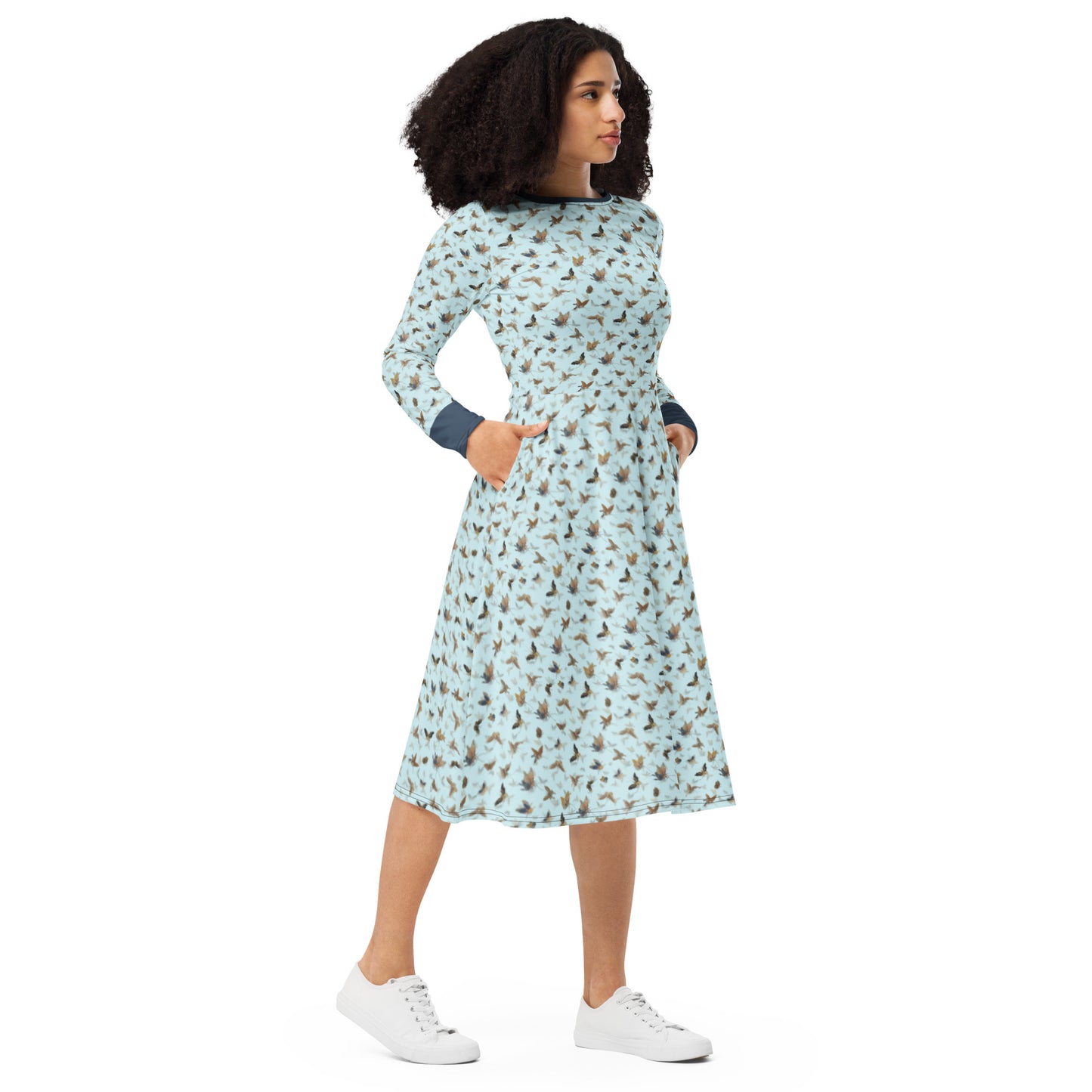 Butterfly dancing｜ long sleeve midi dress｜Aqua blue