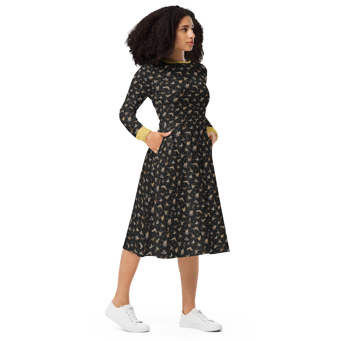 Butterfly dancing｜ long sleeve midi dress｜Black