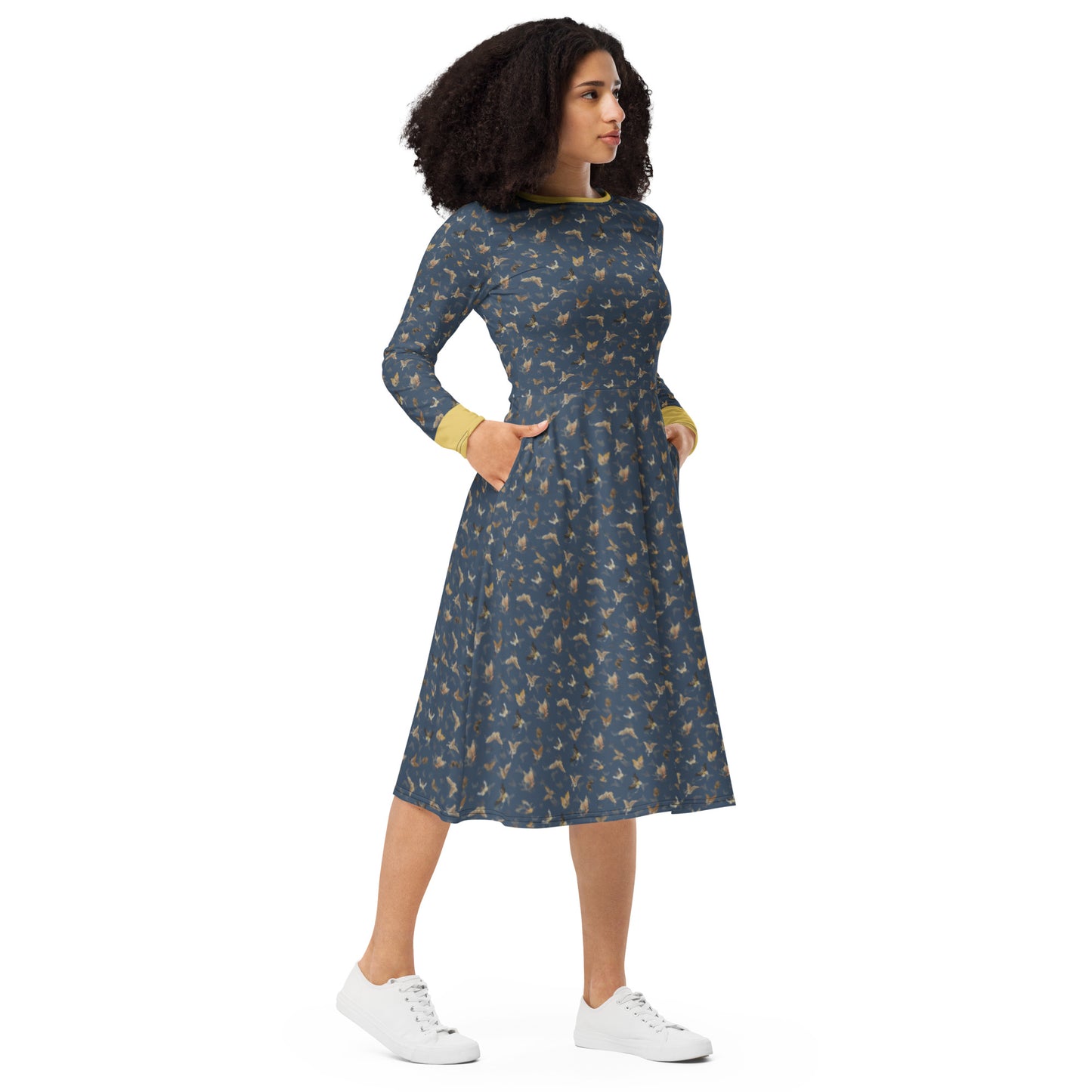 Butterfly dancing｜ long sleeve midi dress｜Dark blue