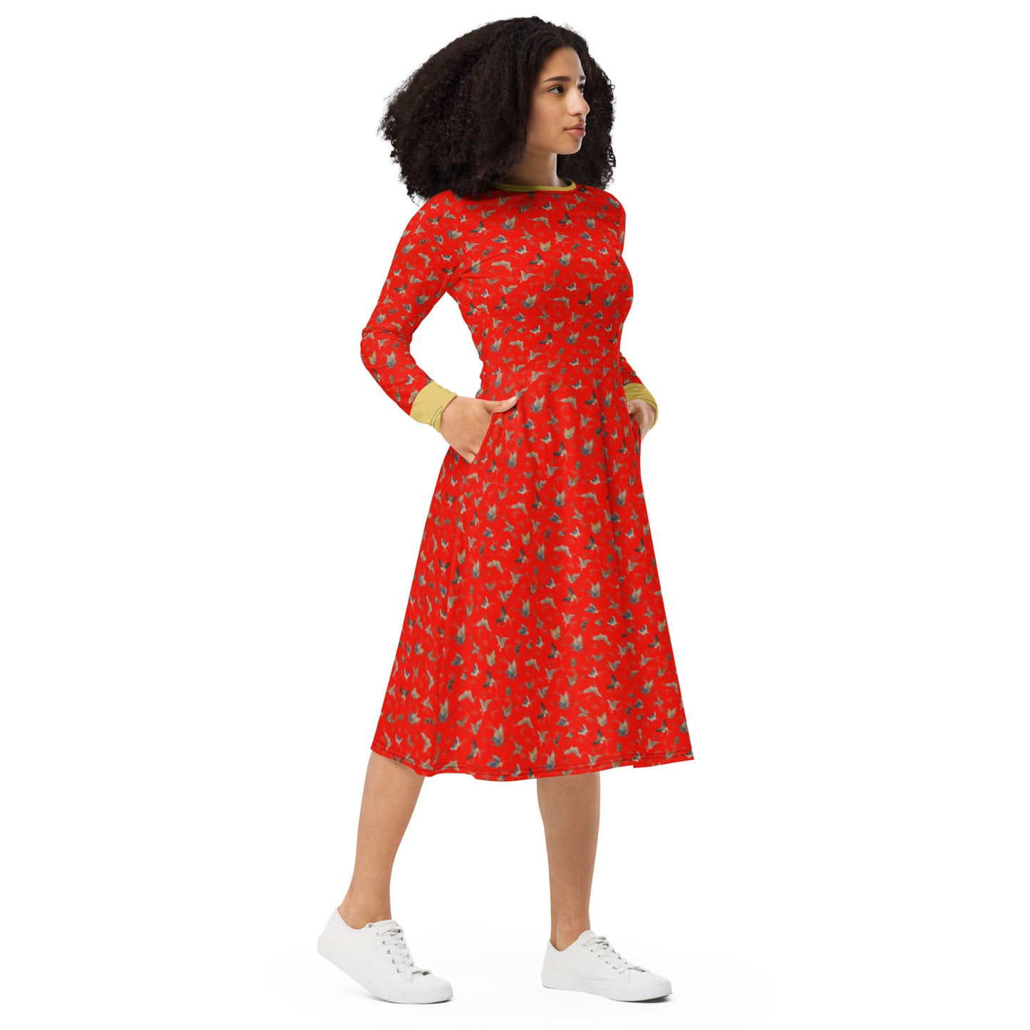 Butterfly dancing｜ long sleeve midi dress｜Garnet red