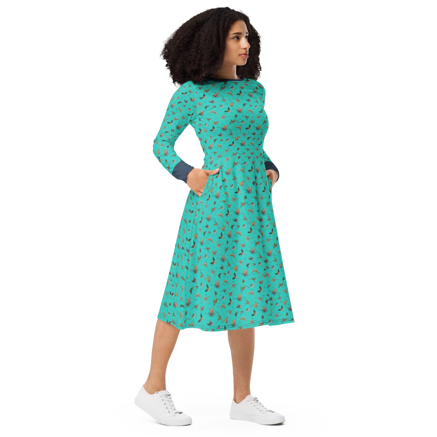 Butterfly dancing｜ long sleeve midi dress｜Turquoise