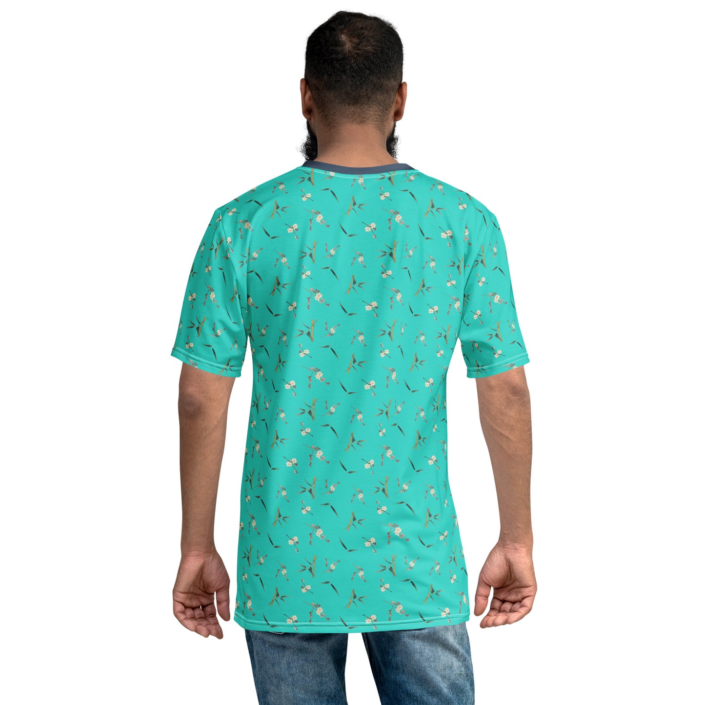 The Spirit of Flowers in Twelve Months｜Crimson Plum Blossom and Lush Green Bamboo｜Men's t-shirt｜seamless print｜Turquoise