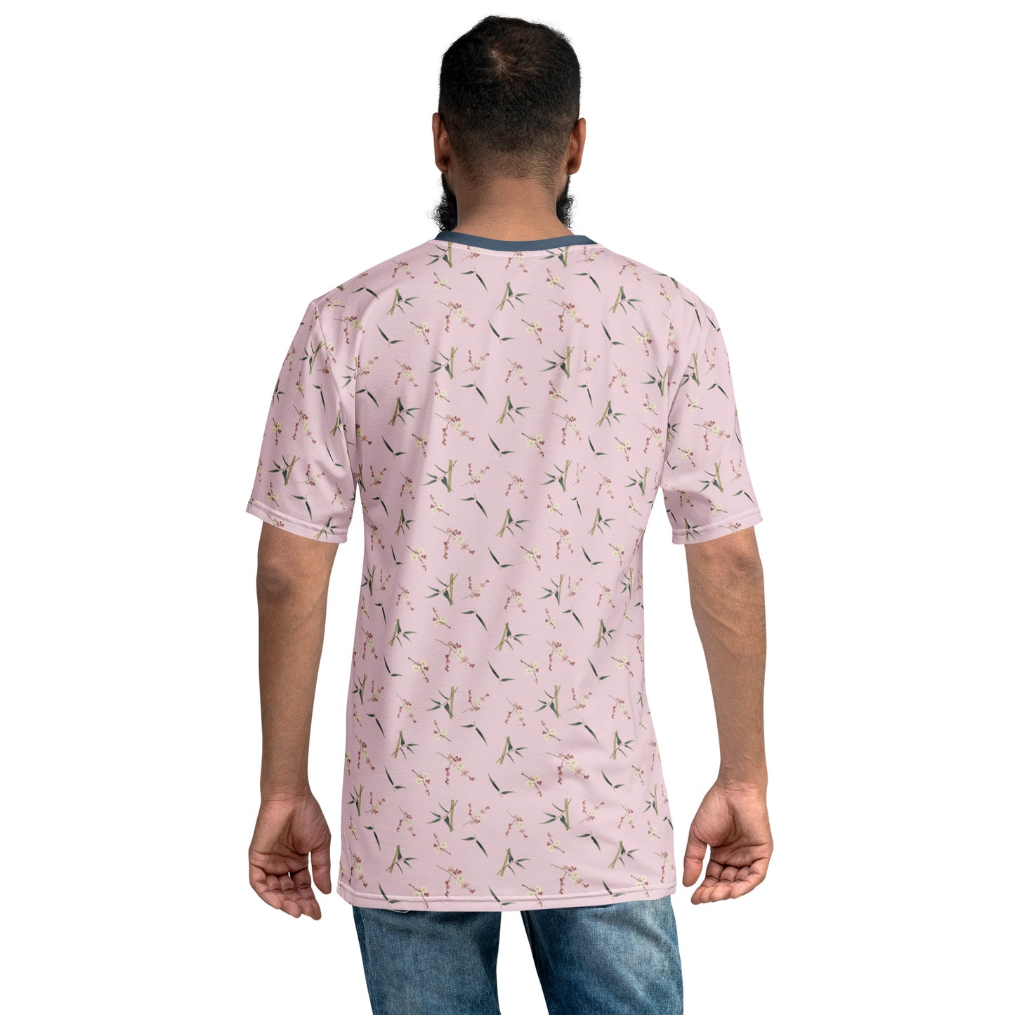 The Spirit of Flowers in Twelve Months｜Crimson Plum Blossom and Lush Green Bamboo｜Men's t-shirt｜seamless print｜Pale pinkish gray