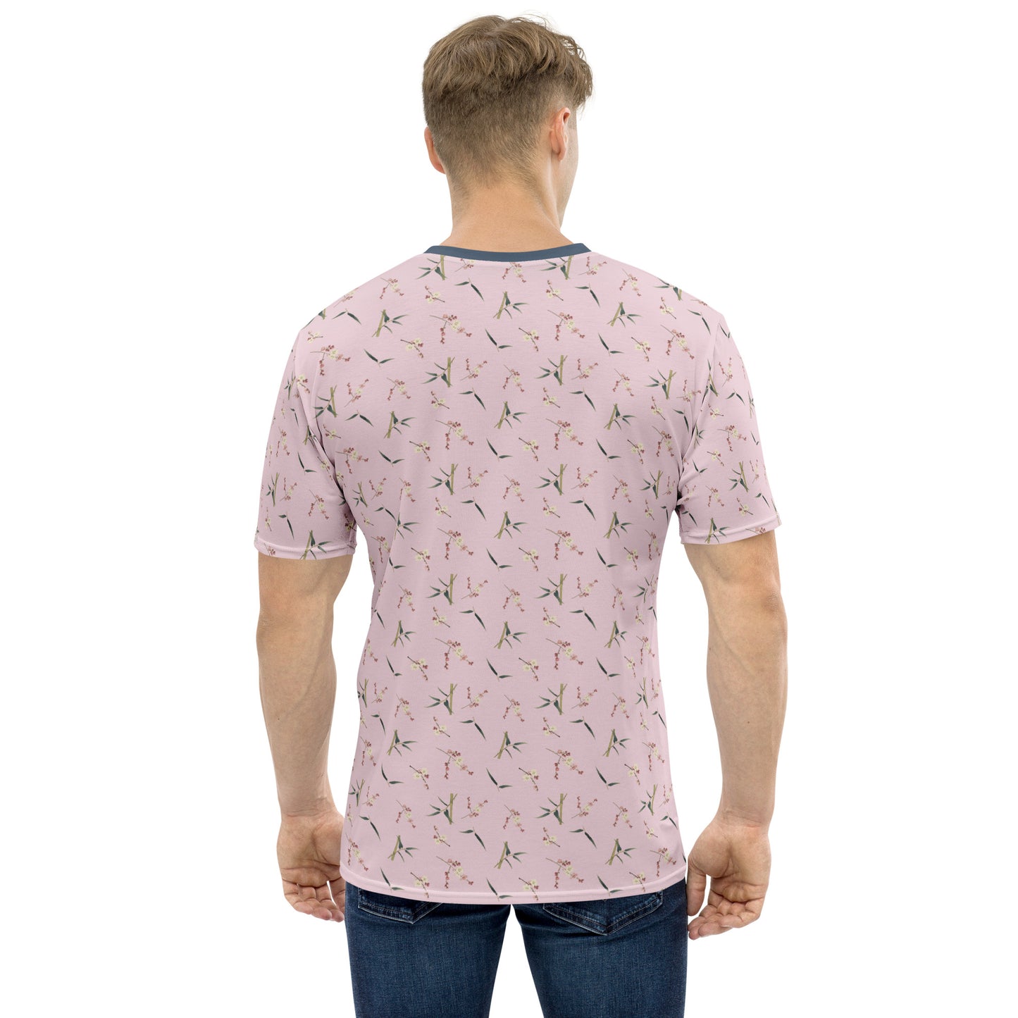 The Spirit of Flowers in Twelve Months｜Crimson Plum Blossom and Lush Green Bamboo｜Men's t-shirt｜seamless print｜Pale pinkish gray