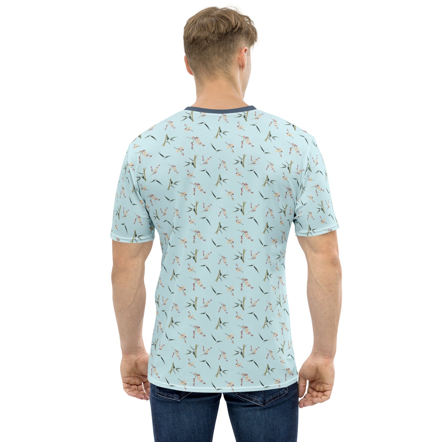 The Spirit of Flowers in Twelve Months｜Crimson Plum Blossom and Lush Green Bamboo｜Men's t-shirt｜seamless print｜Aqua blue