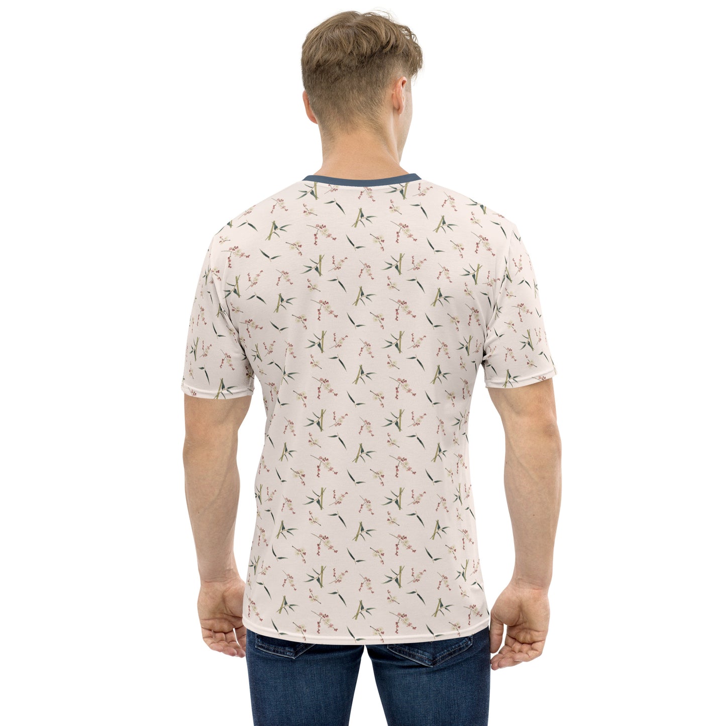 The Spirit of Flowers in Twelve Months｜Crimson Plum Blossom and Lush Green Bamboo｜Men's t-shirt｜seamless print｜Fish belly white