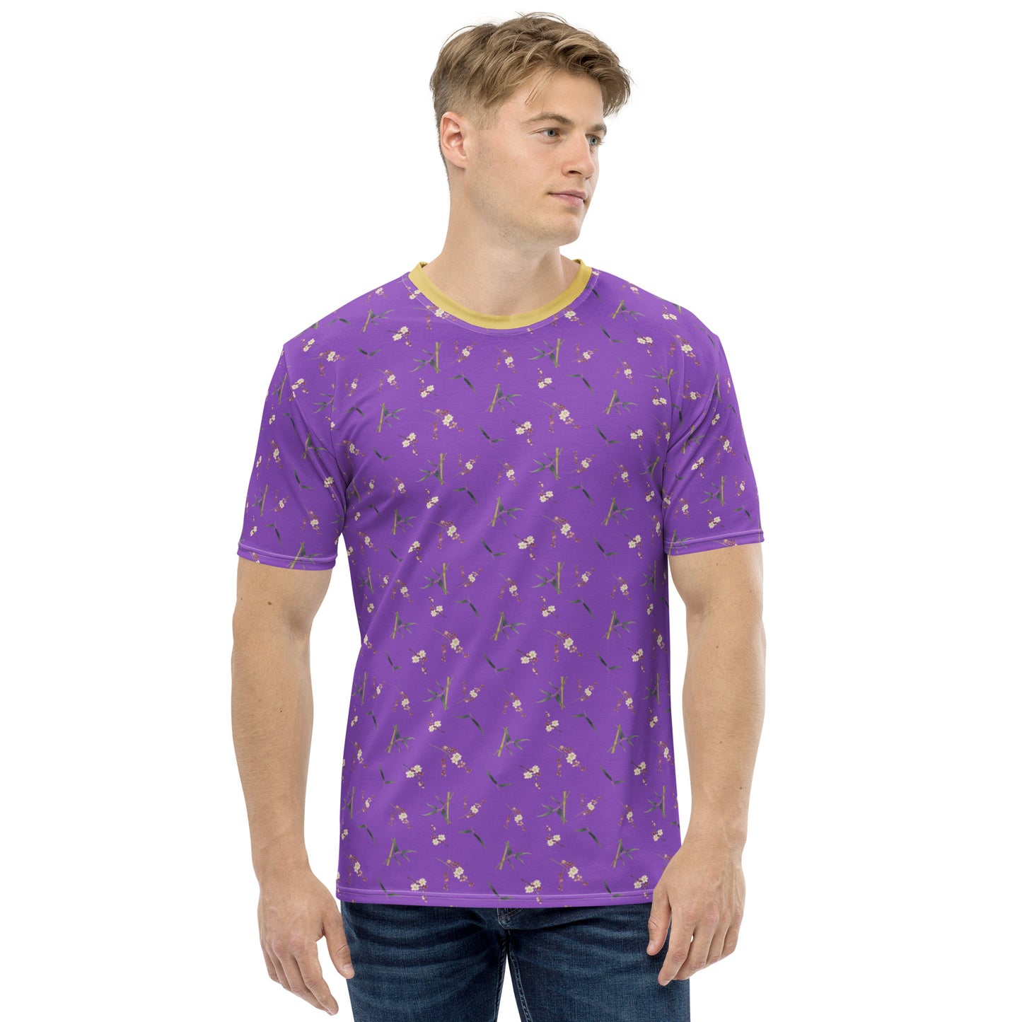 The Spirit of Flowers in Twelve Months｜Crimson Plum Blossom and Lush Green Bamboo｜Men's t-shirt｜seamless print｜Purple