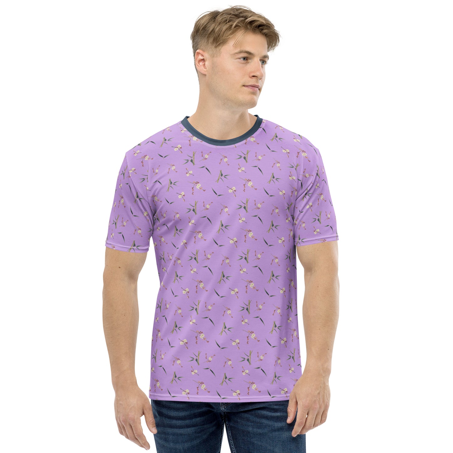 The Spirit of Flowers in Twelve Months｜Crimson Plum Blossom and Lush Green Bamboo｜Men's t-shirt｜seamless print｜Lilac