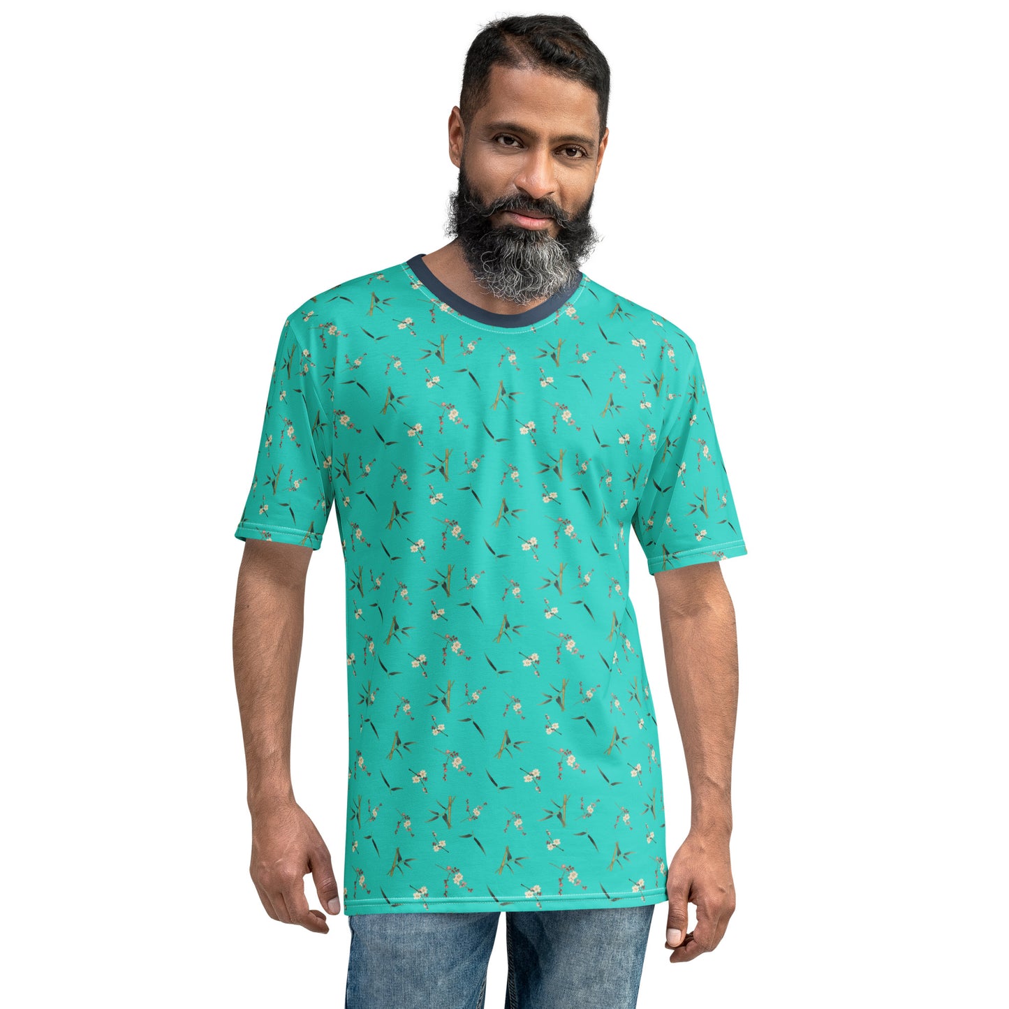 The Spirit of Flowers in Twelve Months｜Crimson Plum Blossom and Lush Green Bamboo｜Men's t-shirt｜seamless print｜Turquoise