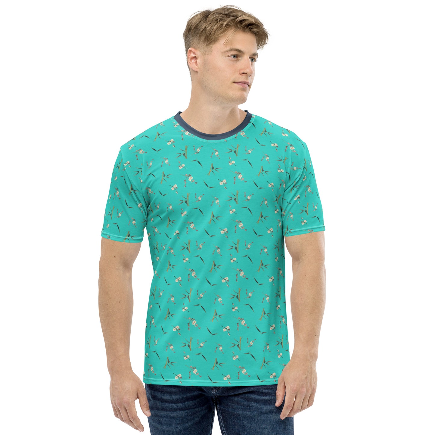 The Spirit of Flowers in Twelve Months｜Crimson Plum Blossom and Lush Green Bamboo｜Men's t-shirt｜seamless print｜Turquoise