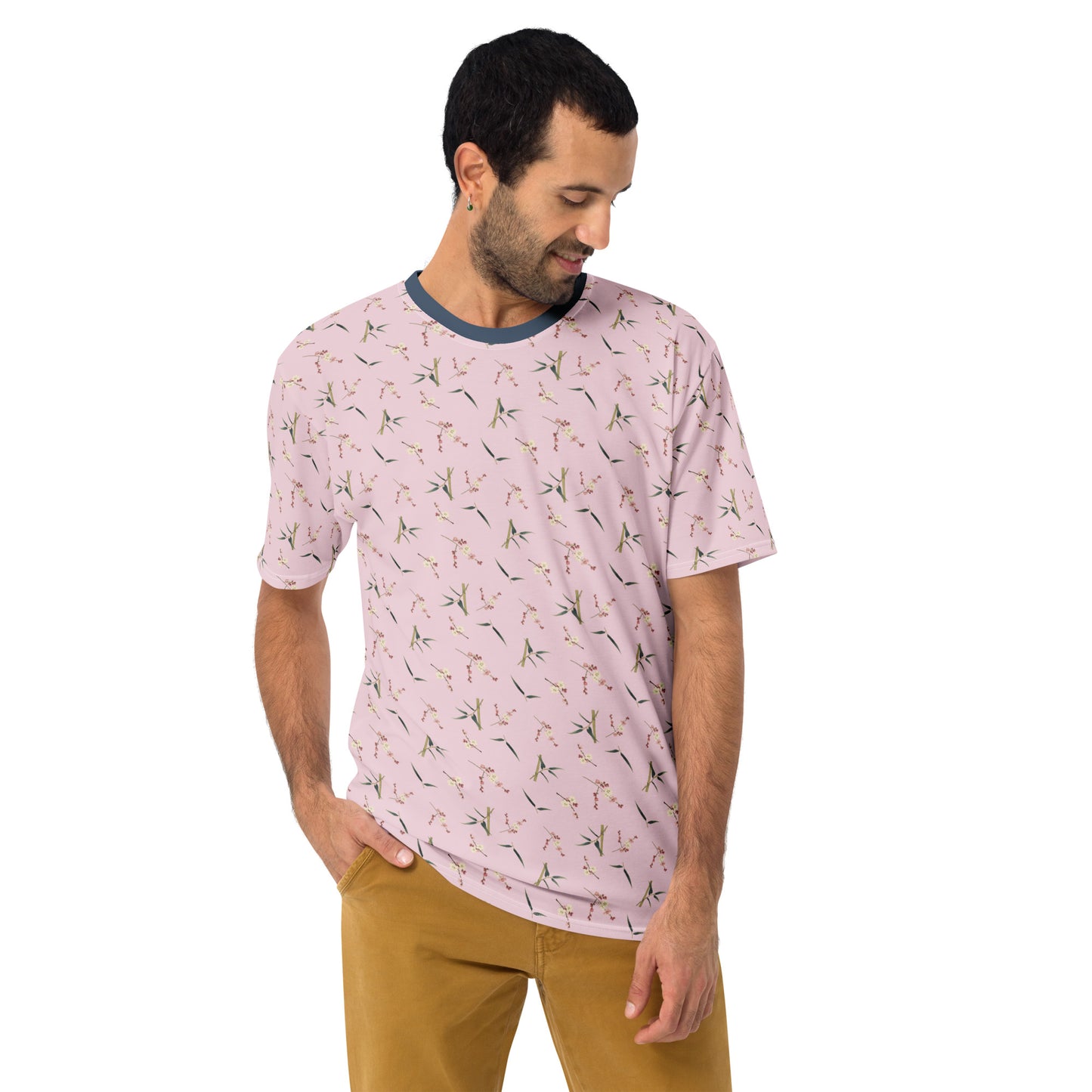 The Spirit of Flowers in Twelve Months｜Crimson Plum Blossom and Lush Green Bamboo｜Men's t-shirt｜seamless print｜Pale pinkish gray