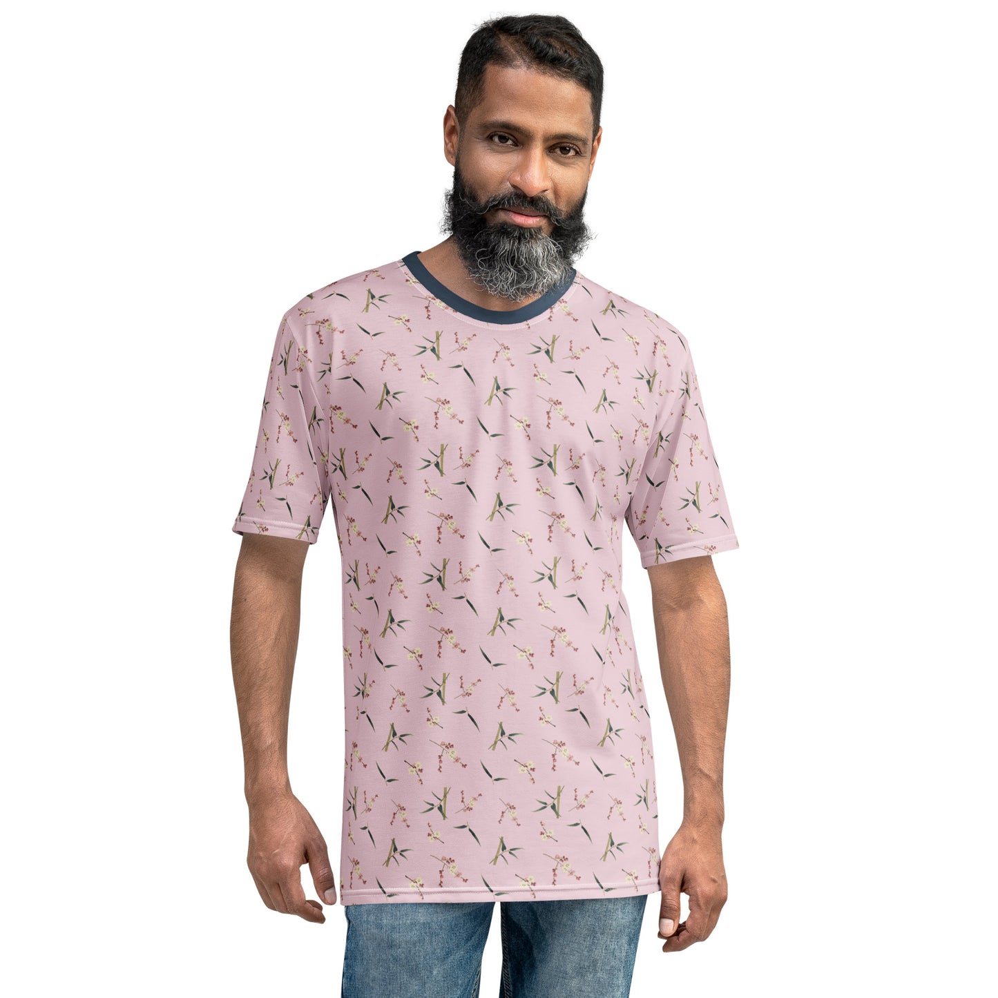 The Spirit of Flowers in Twelve Months｜Crimson Plum Blossom and Lush Green Bamboo｜Men's t-shirt｜seamless print｜Pale pinkish gray