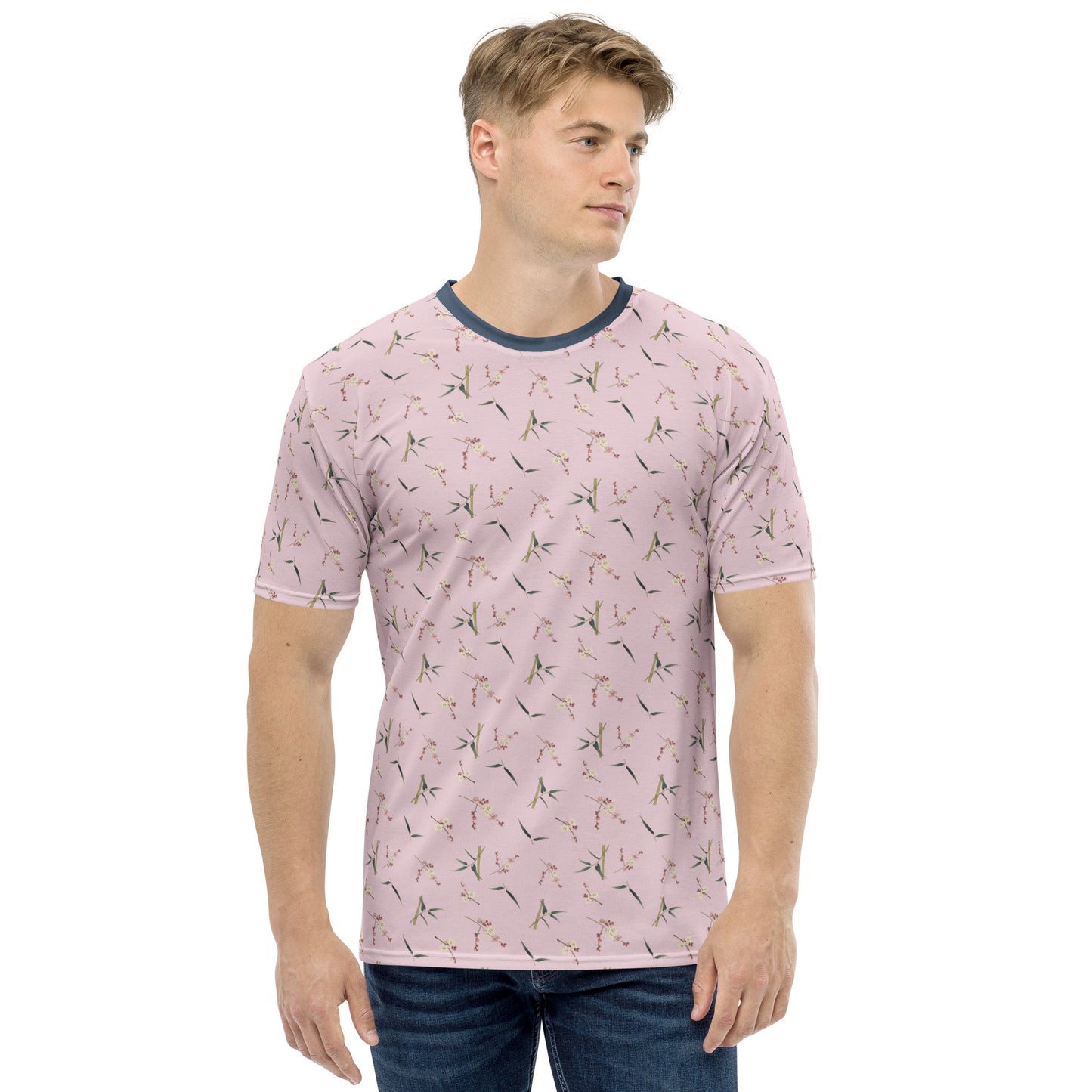 The Spirit of Flowers in Twelve Months｜Crimson Plum Blossom and Lush Green Bamboo｜Men's t-shirt｜seamless print｜Pale pinkish gray