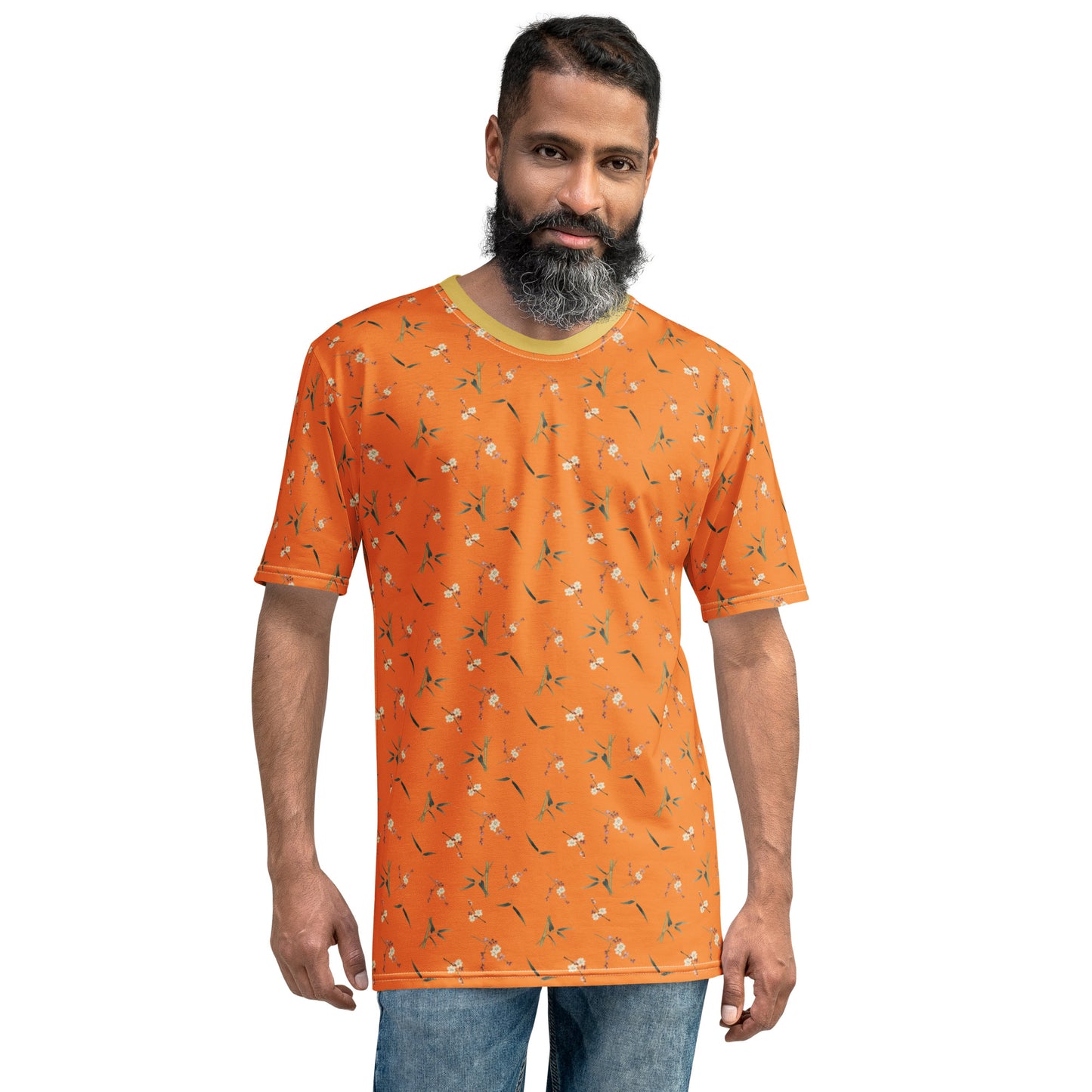 12月の花神様｜Crimson Plum Blossom and Lush Green Bamboo｜Men's t-shirt｜seamless print｜Orange