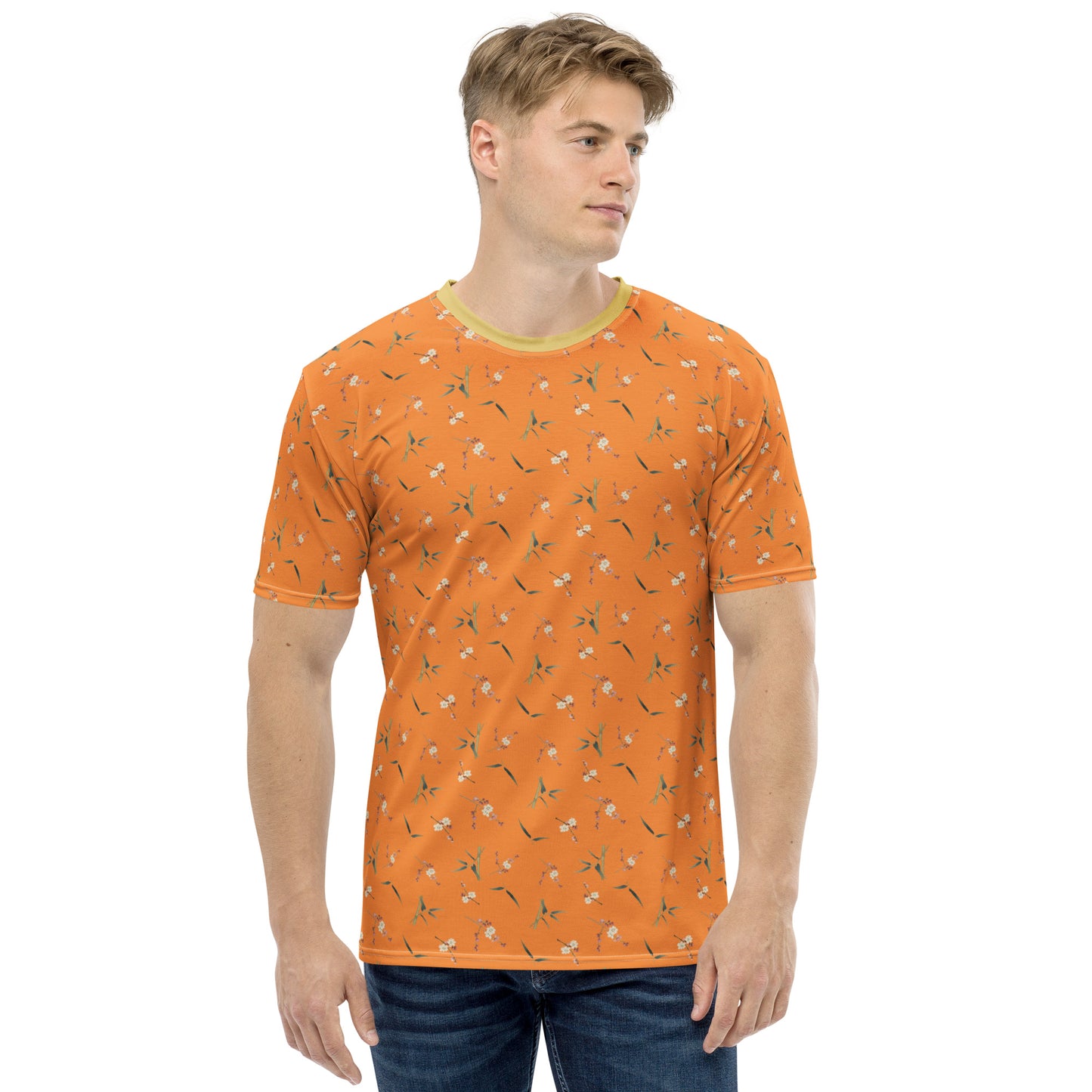 12月の花神様｜Crimson Plum Blossom and Lush Green Bamboo｜Men's t-shirt｜seamless print｜Orange