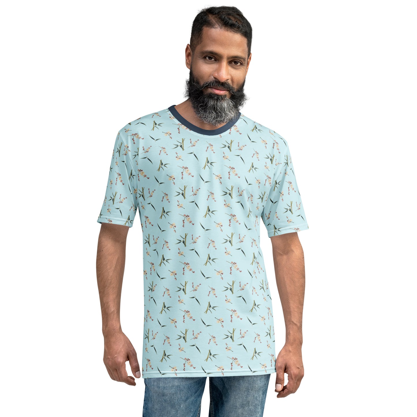 The Spirit of Flowers in Twelve Months｜Crimson Plum Blossom and Lush Green Bamboo｜Men's t-shirt｜seamless print｜Aqua blue