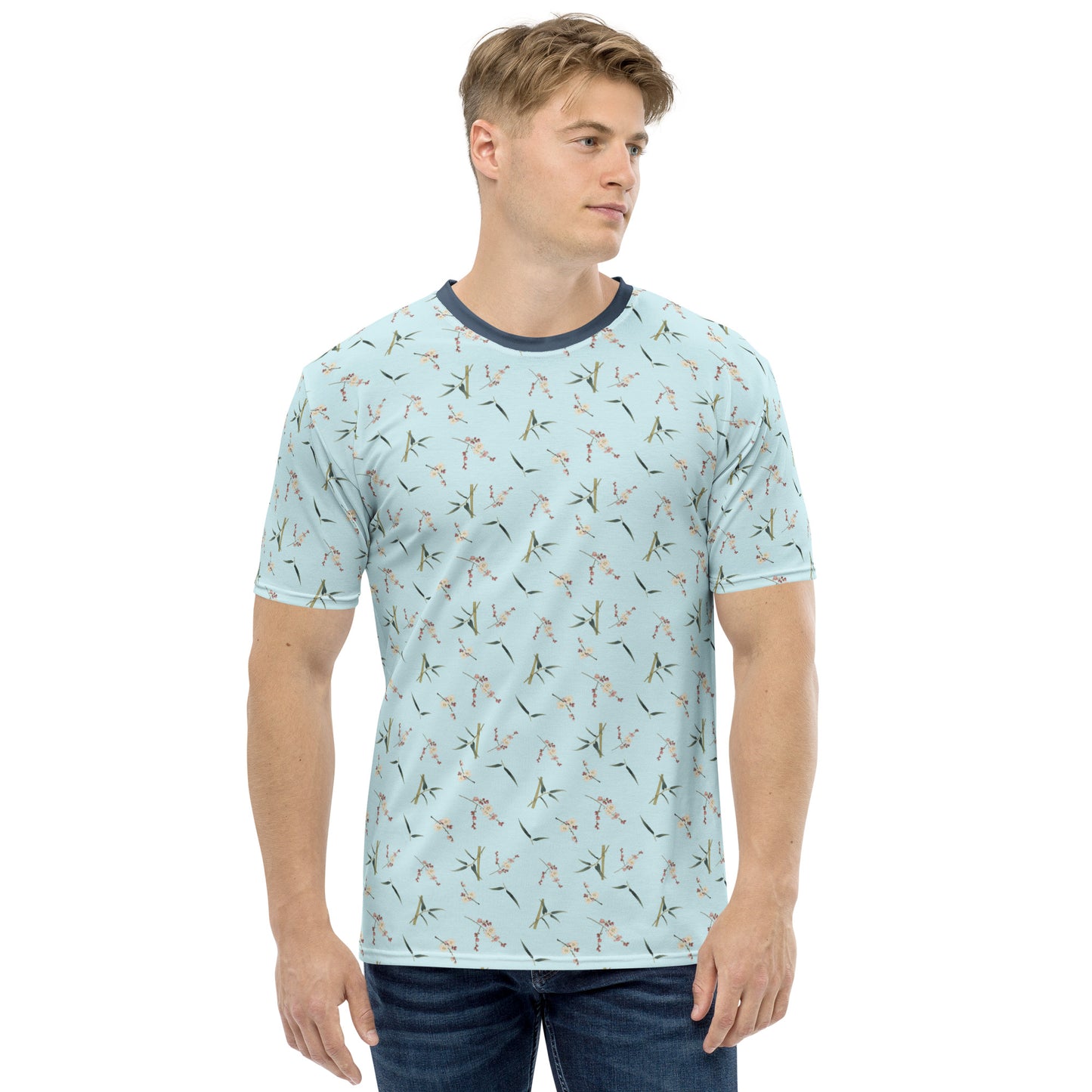 The Spirit of Flowers in Twelve Months｜Crimson Plum Blossom and Lush Green Bamboo｜Men's t-shirt｜seamless print｜Aqua blue