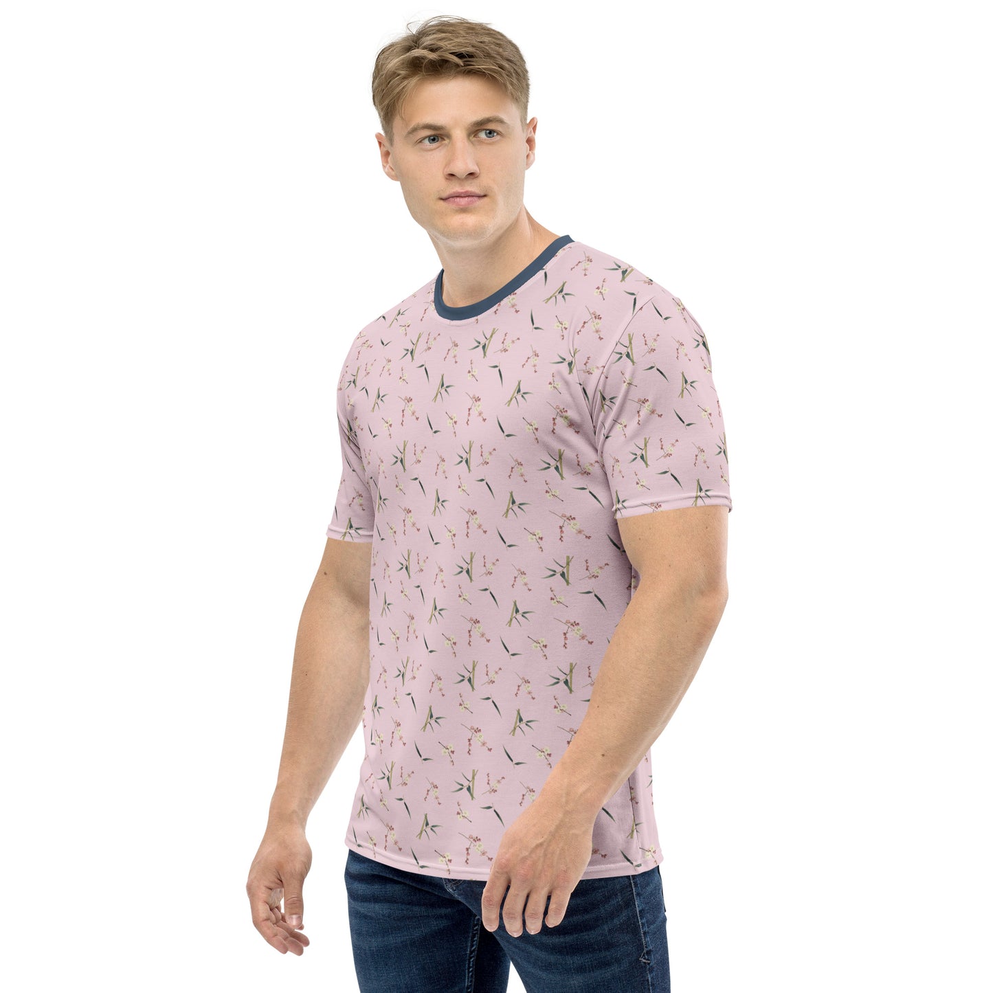 The Spirit of Flowers in Twelve Months｜Crimson Plum Blossom and Lush Green Bamboo｜Men's t-shirt｜seamless print｜Pale pinkish gray