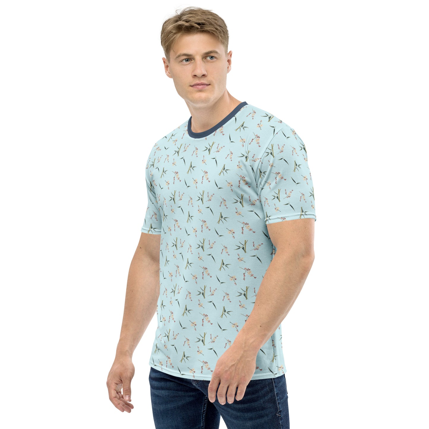 The Spirit of Flowers in Twelve Months｜Crimson Plum Blossom and Lush Green Bamboo｜Men's t-shirt｜seamless print｜Aqua blue