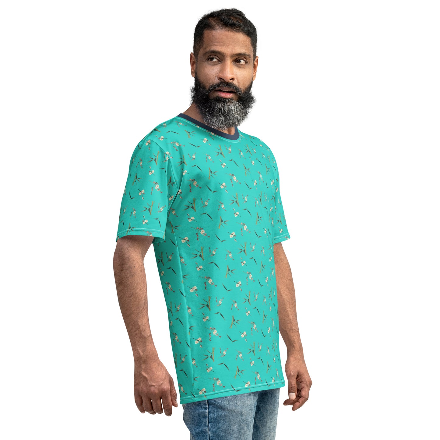 The Spirit of Flowers in Twelve Months｜Crimson Plum Blossom and Lush Green Bamboo｜Men's t-shirt｜seamless print｜Turquoise