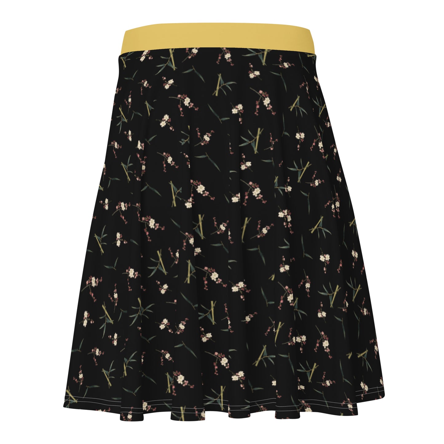 The Spirit of Flowers in Twelve Months｜Crimson Plum Blossom and Lush Green Bamboo｜Skater Skirt｜seamless print｜Black