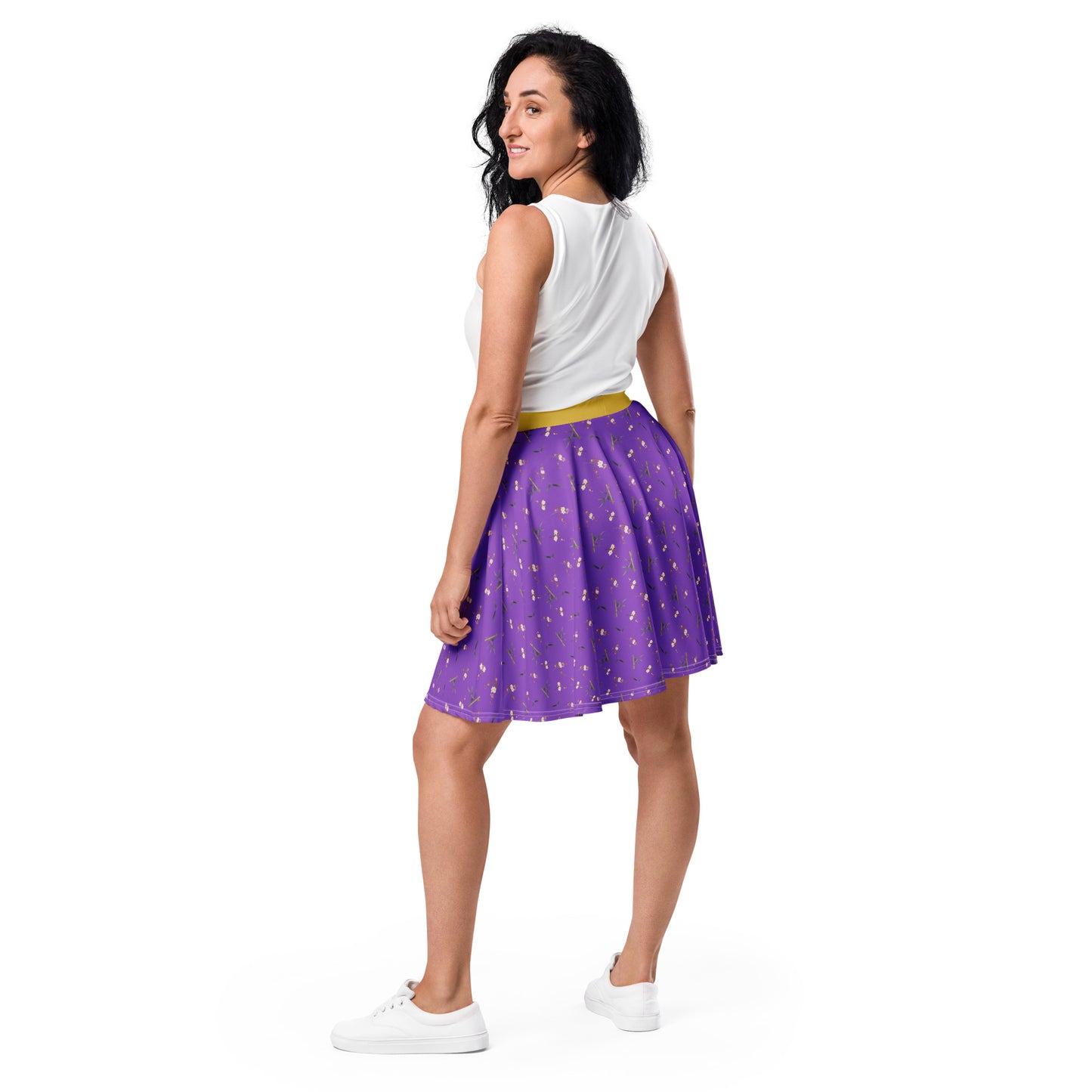 The Spirit of Flowers in Twelve Months｜Crimson Plum Blossom and Lush Green Bamboo｜Skater Skirt｜seamless print｜Purple