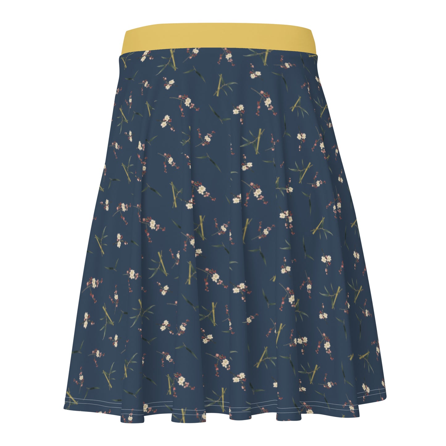 The Spirit of Flowers in Twelve Months｜Crimson Plum Blossom and Lush Green Bamboo｜Skater Skirt｜seamless print｜Dark blue