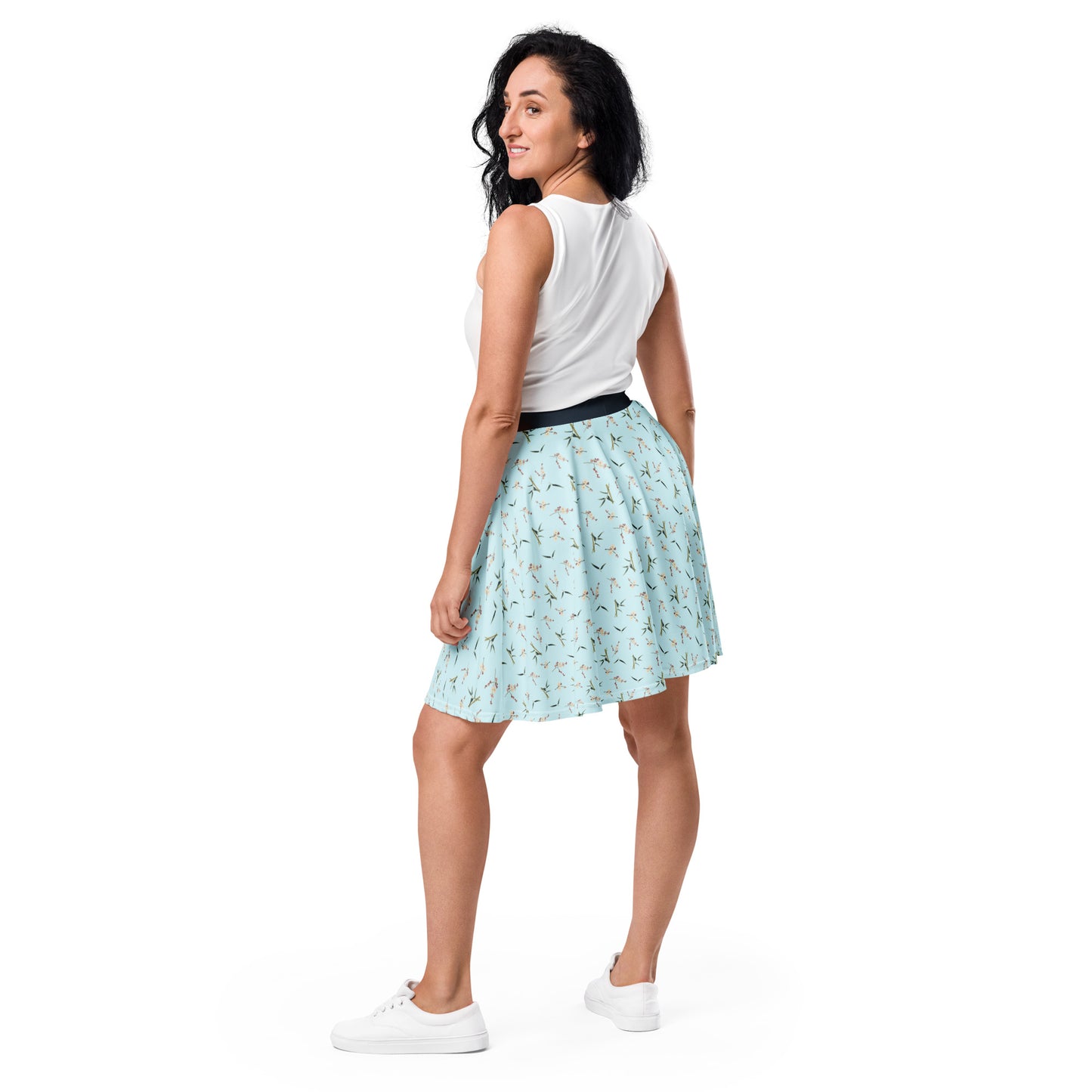 The Spirit of Flowers in Twelve Months｜Crimson Plum Blossom and Lush Green Bamboo｜Skater Skirt｜seamless print｜Aqua blue