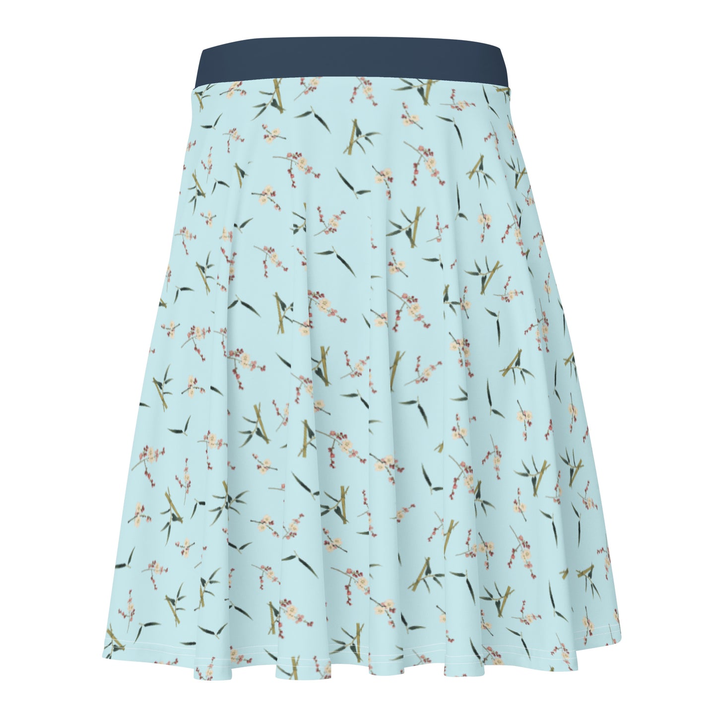 The Spirit of Flowers in Twelve Months｜Crimson Plum Blossom and Lush Green Bamboo｜Skater Skirt｜seamless print｜Aqua blue