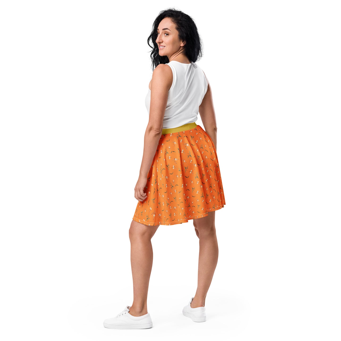 十二月花神｜Crimson Plum Blossom and Lush Green Bamboo｜Skater Skirt｜seamless print｜Orange