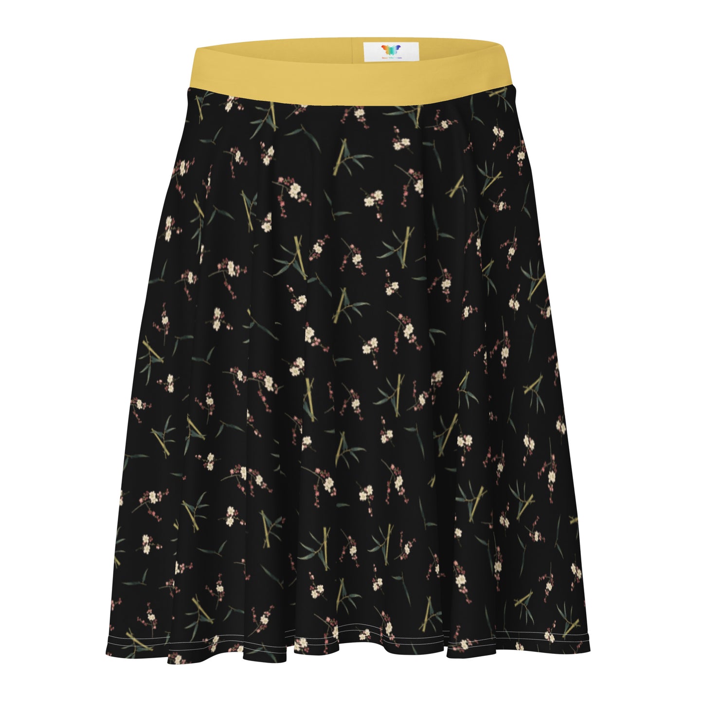 The Spirit of Flowers in Twelve Months｜Crimson Plum Blossom and Lush Green Bamboo｜Skater Skirt｜seamless print｜Black