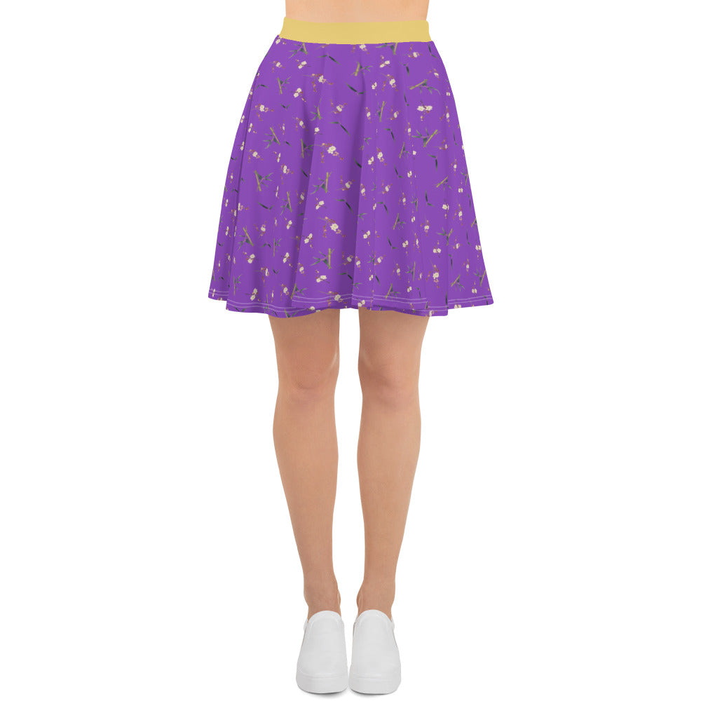 The Spirit of Flowers in Twelve Months｜Crimson Plum Blossom and Lush Green Bamboo｜Skater Skirt｜seamless print｜Purple