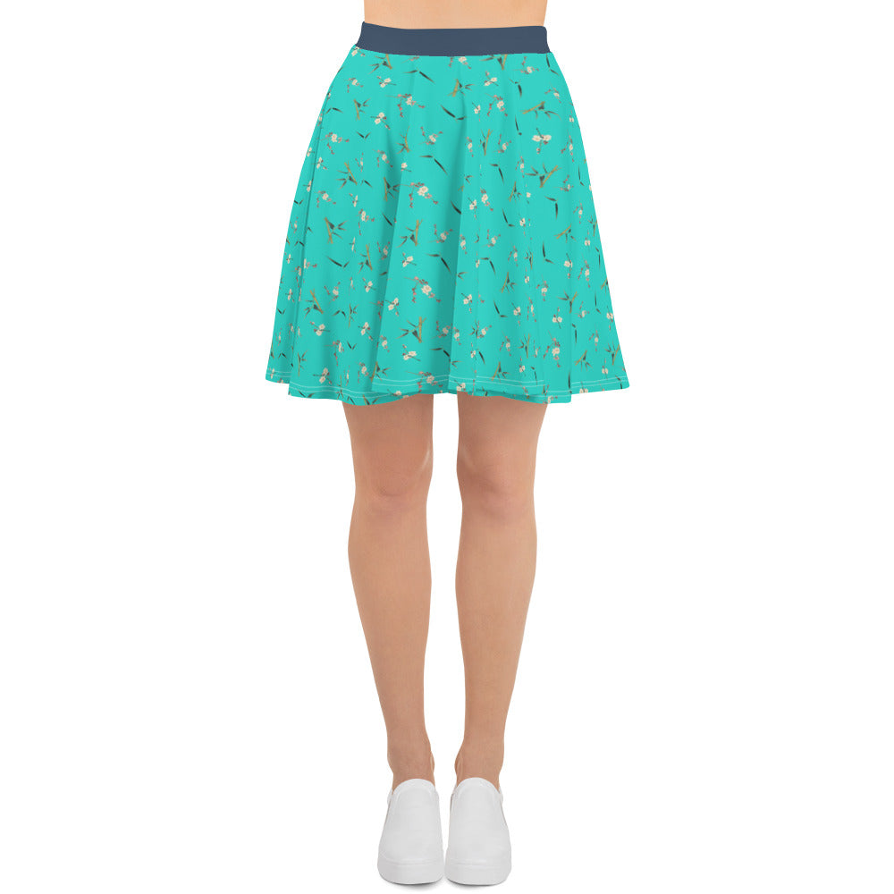 The Spirit of Flowers in Twelve Months｜Crimson Plum Blossom and Lush Green Bamboo｜Skater Skirt｜seamless print｜Turquoise