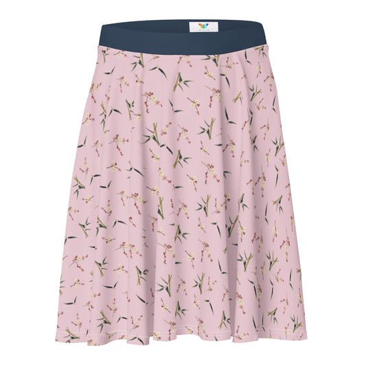 The Spirit of Flowers in Twelve Months｜Crimson Plum Blossom and Lush Green Bamboo｜Skater Skirt｜seamless print｜Pale pinkish gray