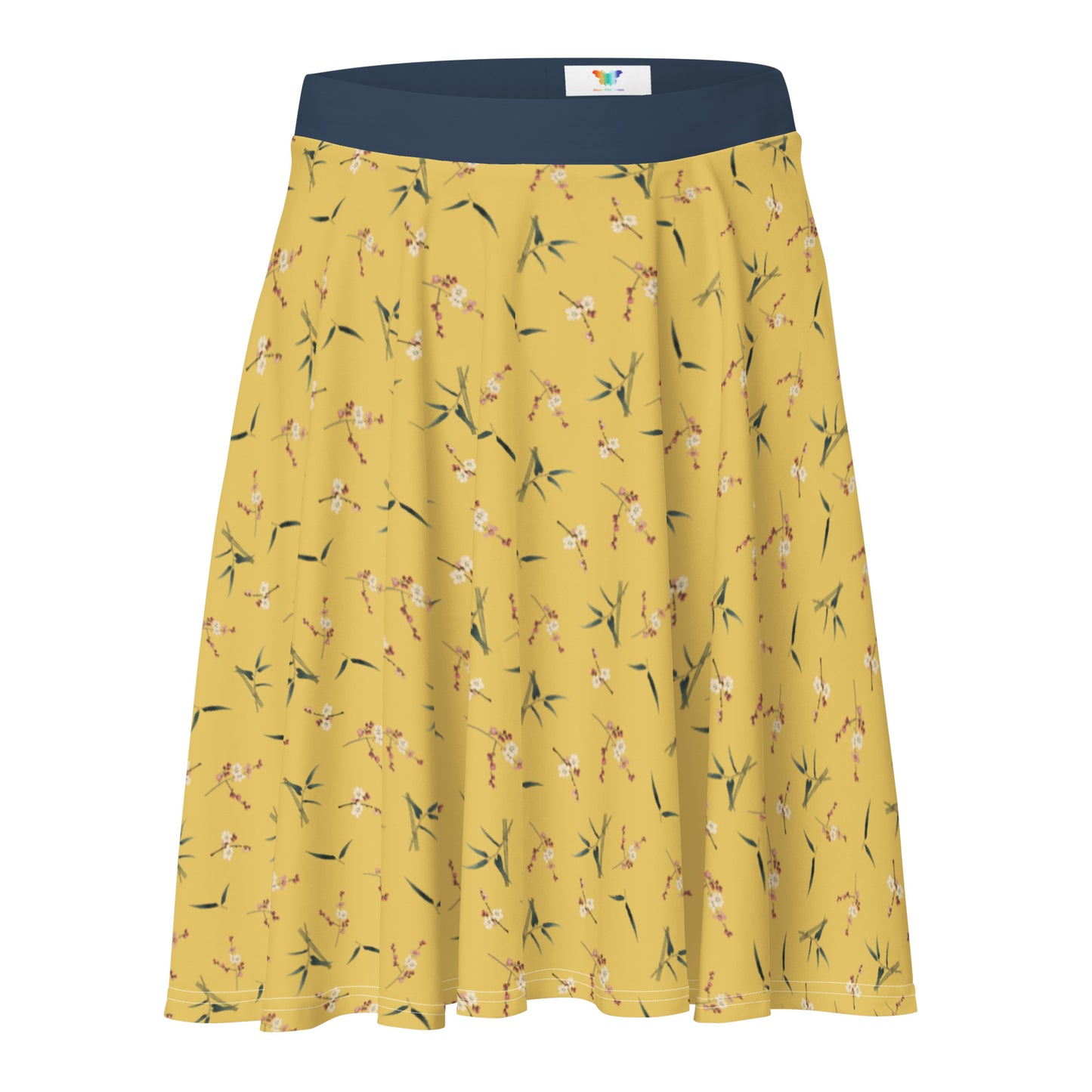 The Spirit of Flowers in Twelve Months｜Crimson Plum Blossom and Lush Green Bamboo｜Skater Skirt｜seamless print｜Gold