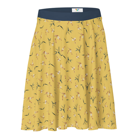 The Spirit of Flowers in Twelve Months｜Crimson Plum Blossom and Lush Green Bamboo｜Skater Skirt｜seamless print｜Gold