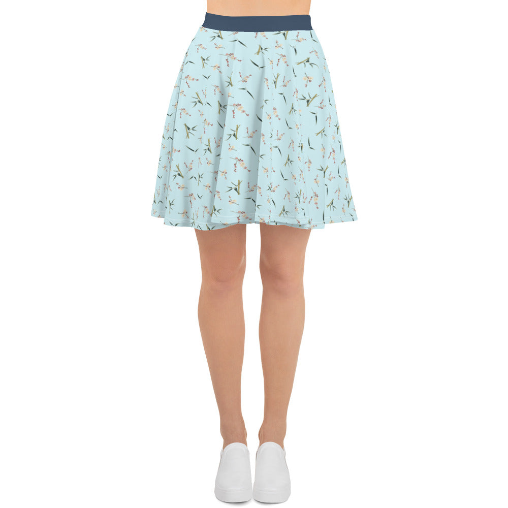 The Spirit of Flowers in Twelve Months｜Crimson Plum Blossom and Lush Green Bamboo｜Skater Skirt｜seamless print｜Aqua blue